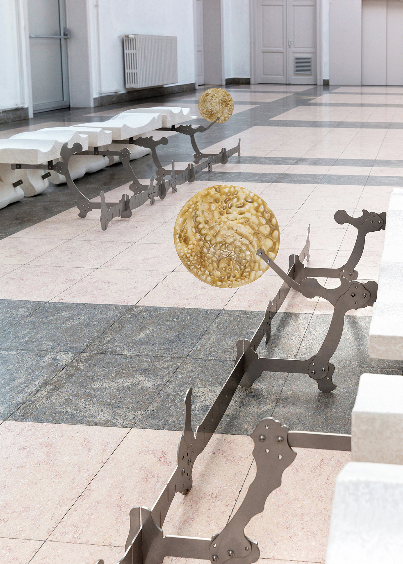 (dazzling) garderobe, 2023, acrylic plaster, fiberglass, shimmering pigments, stainless steel