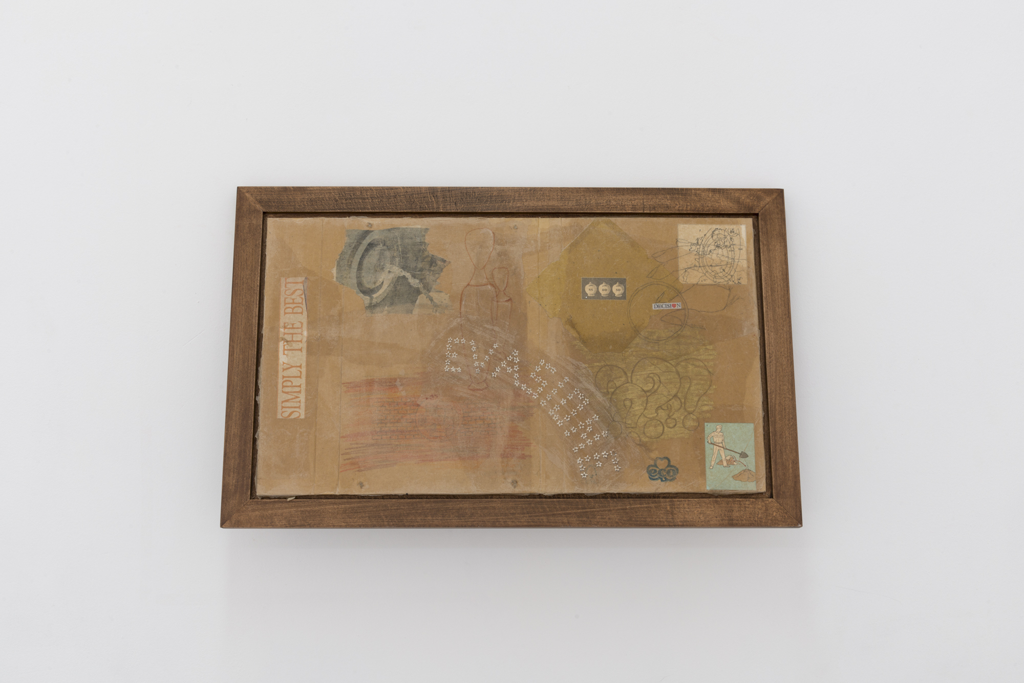 Nina Kettiger, Decision, 2023, Silk paper collage on ring binder, oil pastel, color pencil, charcoal, artist frame