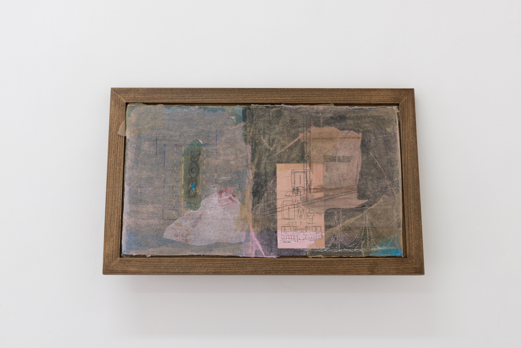 Nina Kettiger, Boss, 2023, Silk paper collage on ring binder, oil pastel, charcoal, artist frame