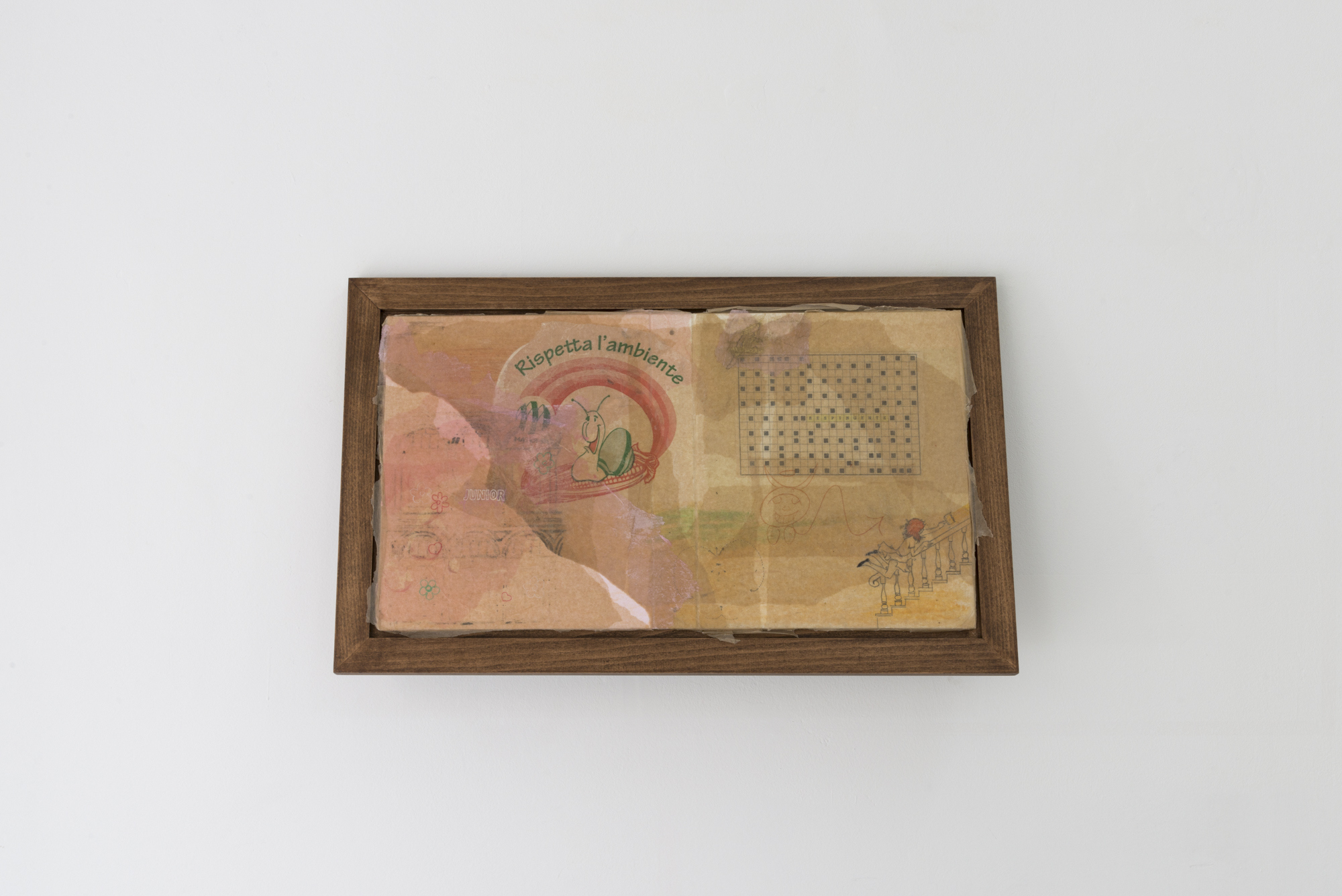 Nina Kettiger, Respingente, 2023, Silk paper collage on ring binder, oil pastel, color pencil, charcoal, artist frame