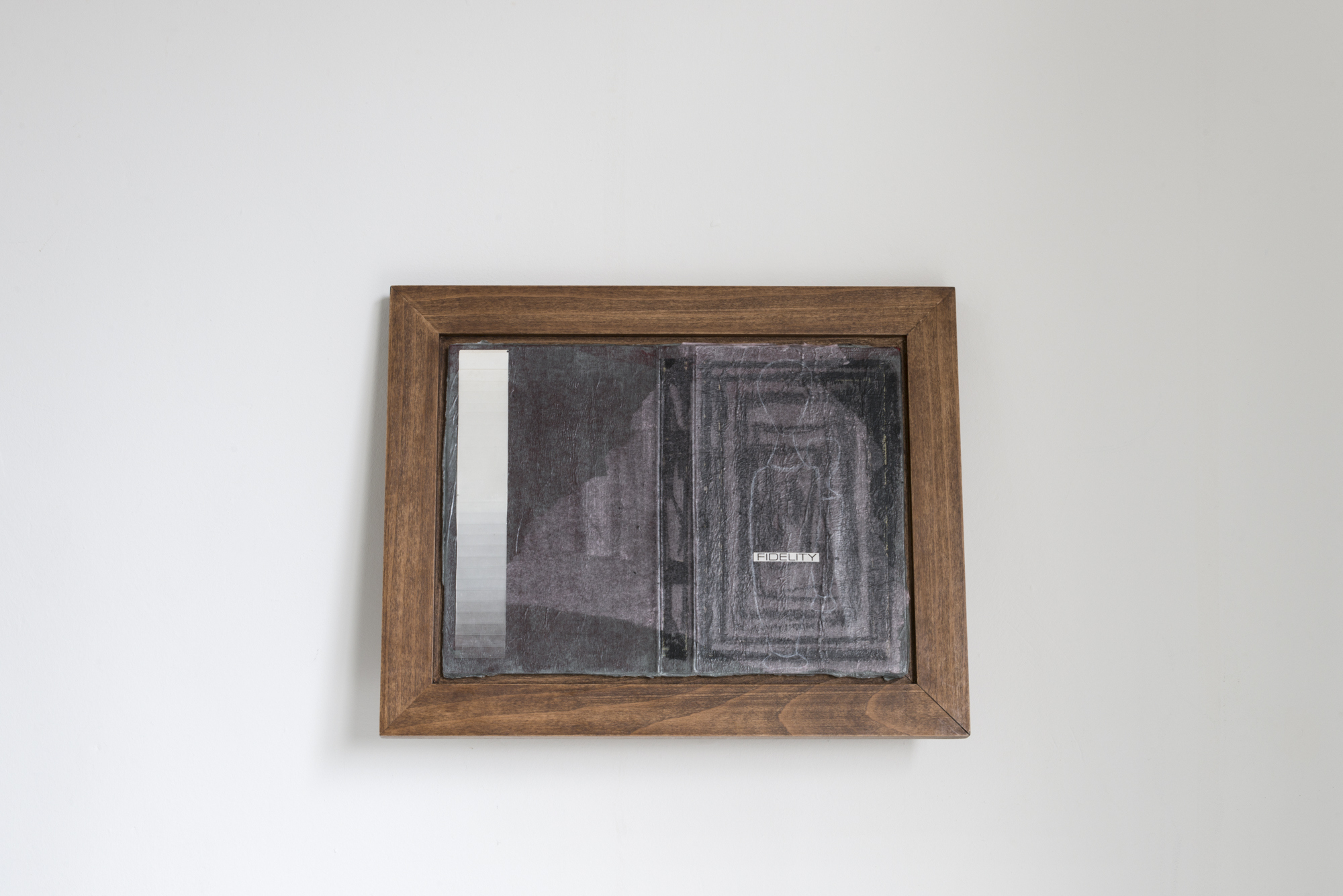 Nina Kettiger, Fidelity, 2023, Silk paper collage on photo album, oil pastel, charcoal, artist frame