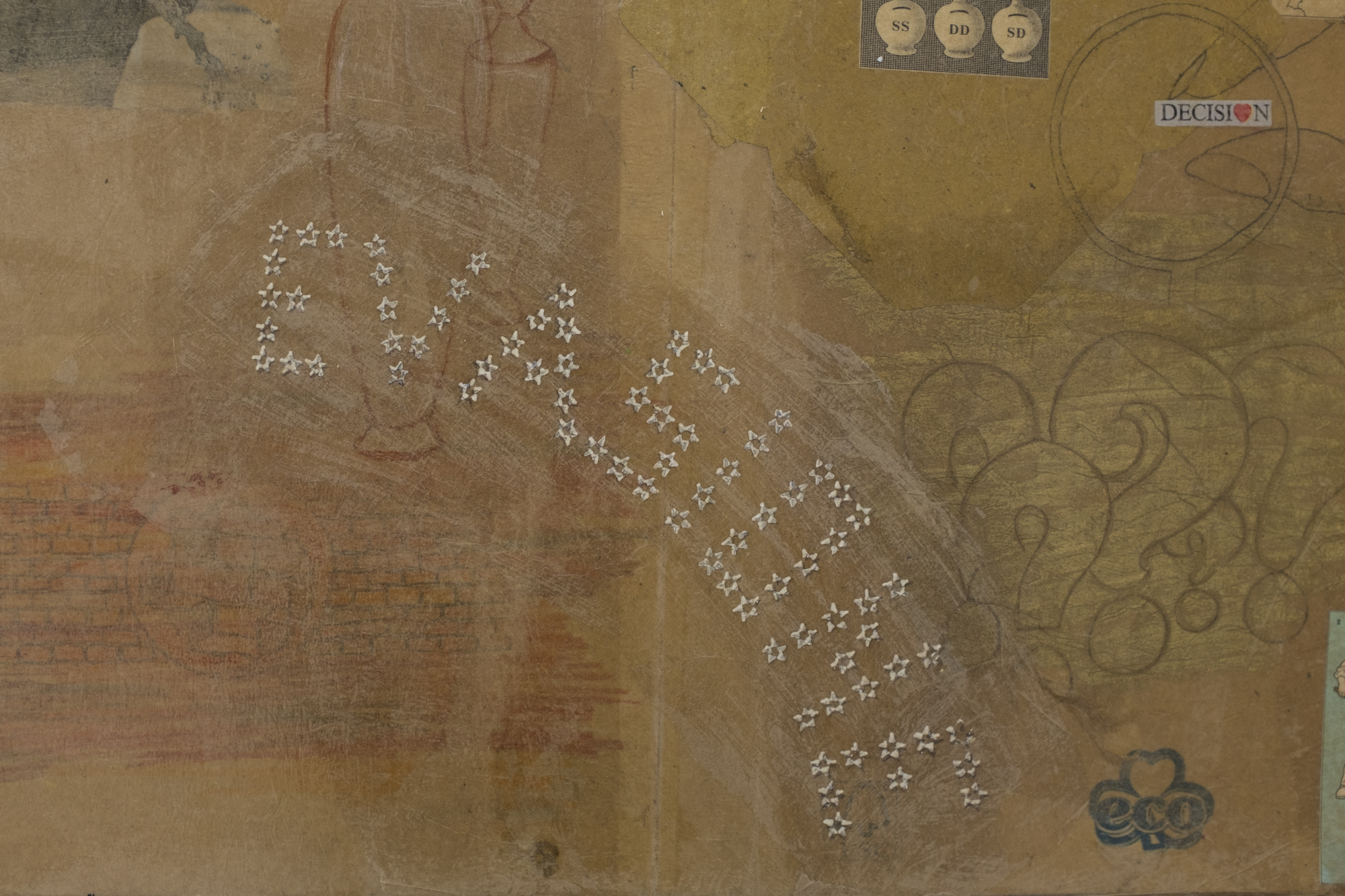 Nina Kettiger, Decision detail, 2023, Silk paper collage on ring binder, oil pastel, color pencil, charcoal, artist frame