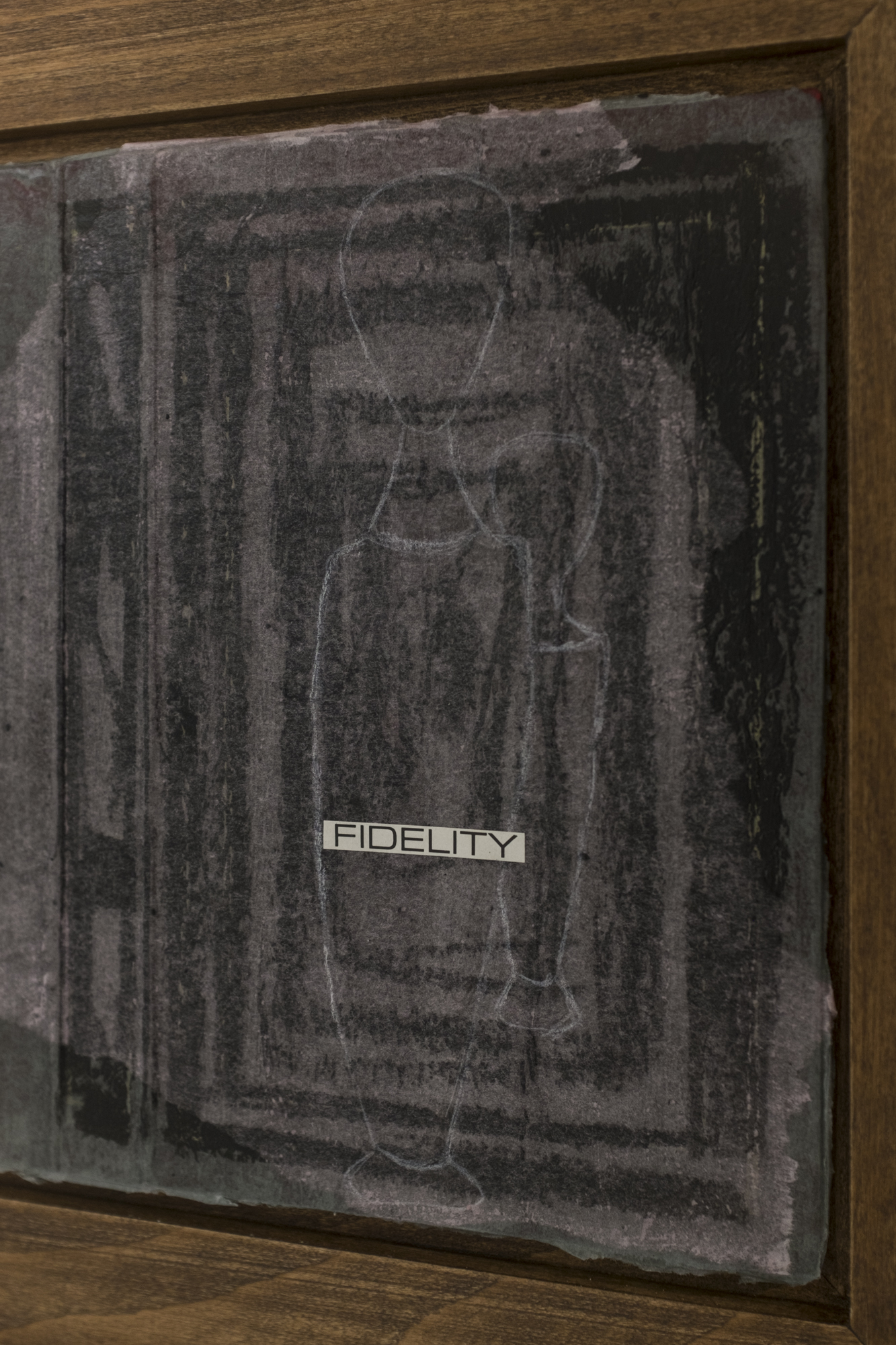 Nina Kettiger, Fidelity detail, 2023, Silk paper collage on photo album, oil pastel, charcoal, artist frame