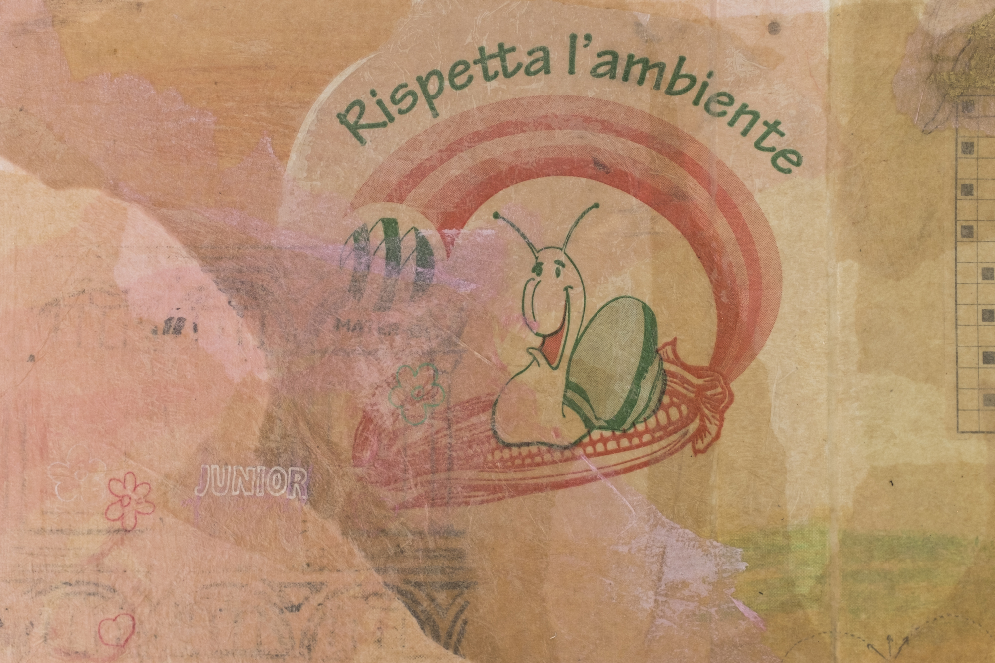 Nina Kettiger, Respingente detail, 2023, Silk paper collage on ring binder, oil pastel, color pencil, charcoal, artist frame