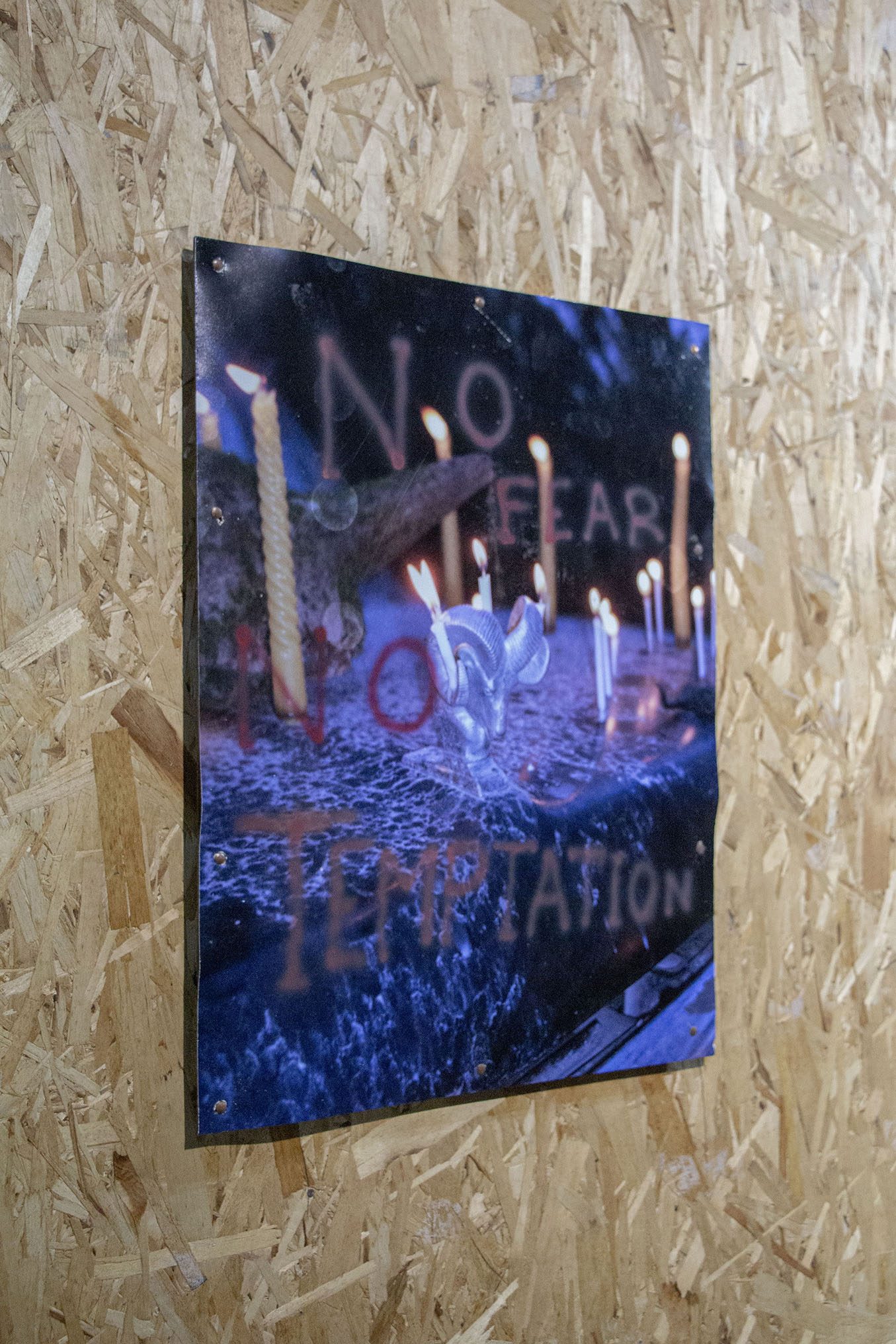 Justin Apperley & Julien Parant-Marquis, no fear no temptation, 2023, Acrylic, Inkjet Print on Steel, Copper Rivets, 18x22 in