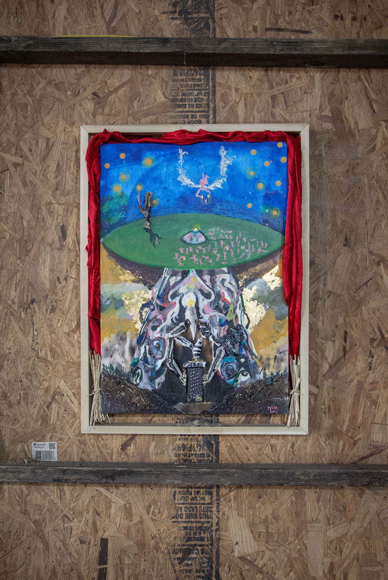 Paul Burgess, An Open Enclosure, 2023 acrylic on wood panel, fabric,hay
