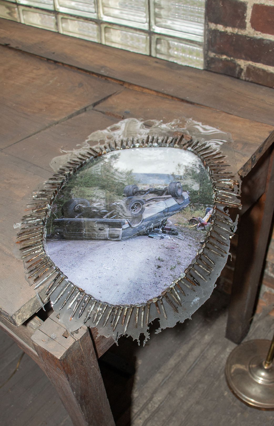 Justin Apperley & Alex Patrick Dyck, reckless in the north end , 2023, Inkjet Print, Rusted Youngstown Nails, Resin, 16x24 in