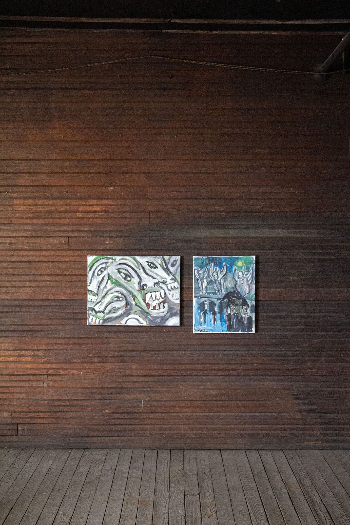 (left to right) Dylan Weaver, The Dragons, 2022-2023, acrylic on canvas Dylan Weaver, Gargoyles In Spain, 2023, acrylic on canvas