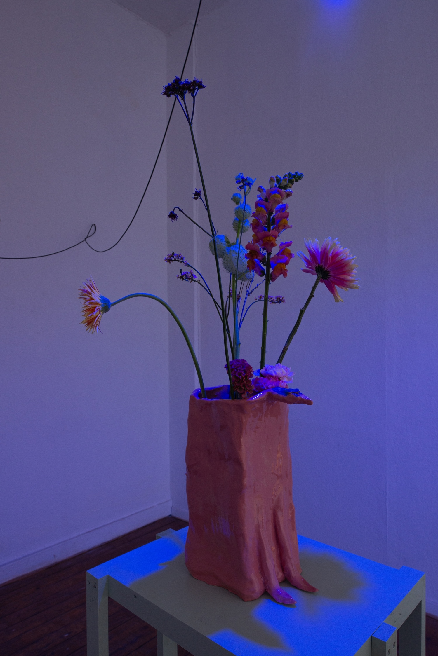 Ani Schulze, Bessere Hälfte II (HBD), 2023, Glazed ceramic, flowers, wood, steel chain, unfired ceramic, cable, light bulb  © the artist  photo: Bernhard Adams