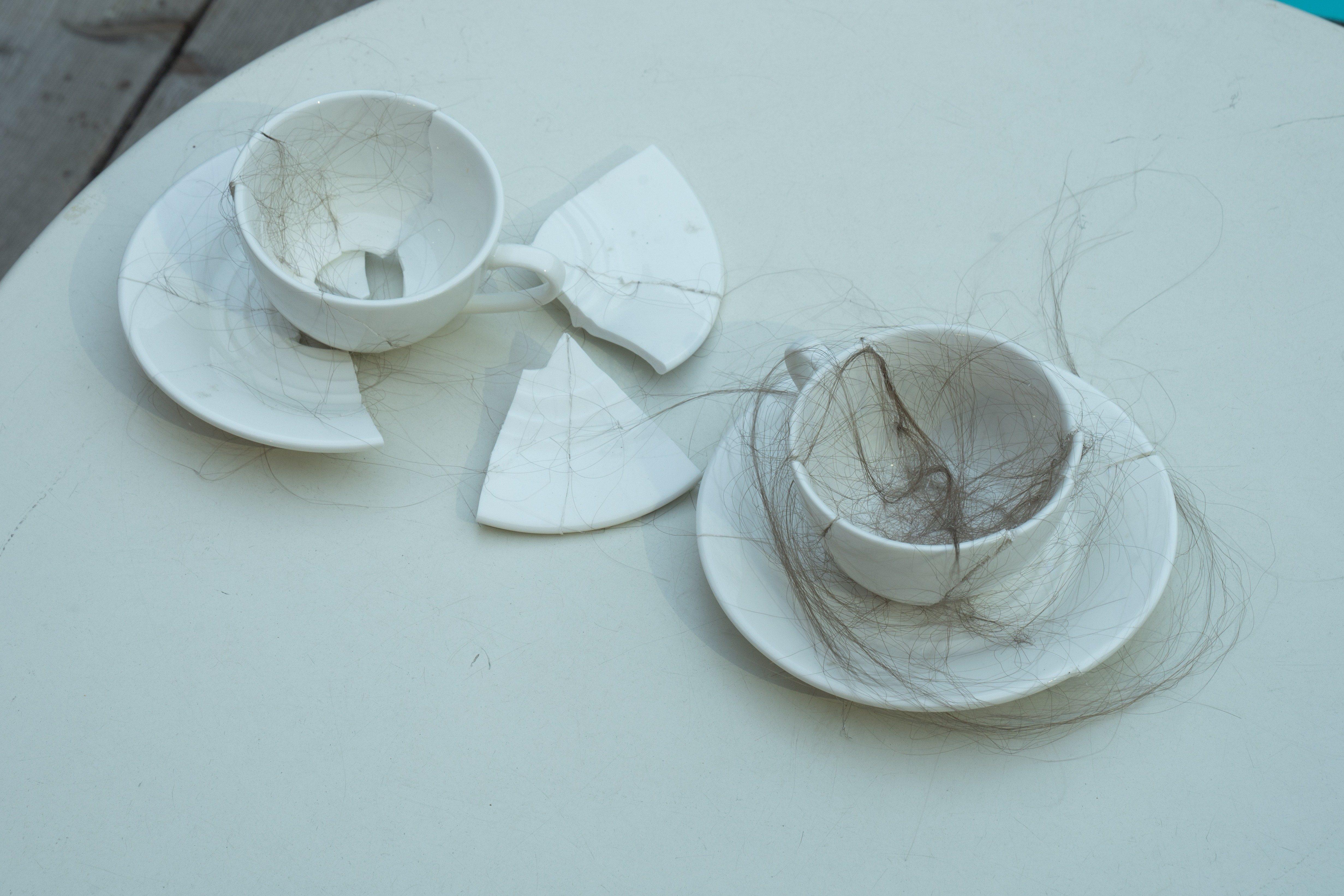 Nastya Vasileva, âGAP010â, âGAP011â, 2023, porcelain, hair, rubber, dimensions vary