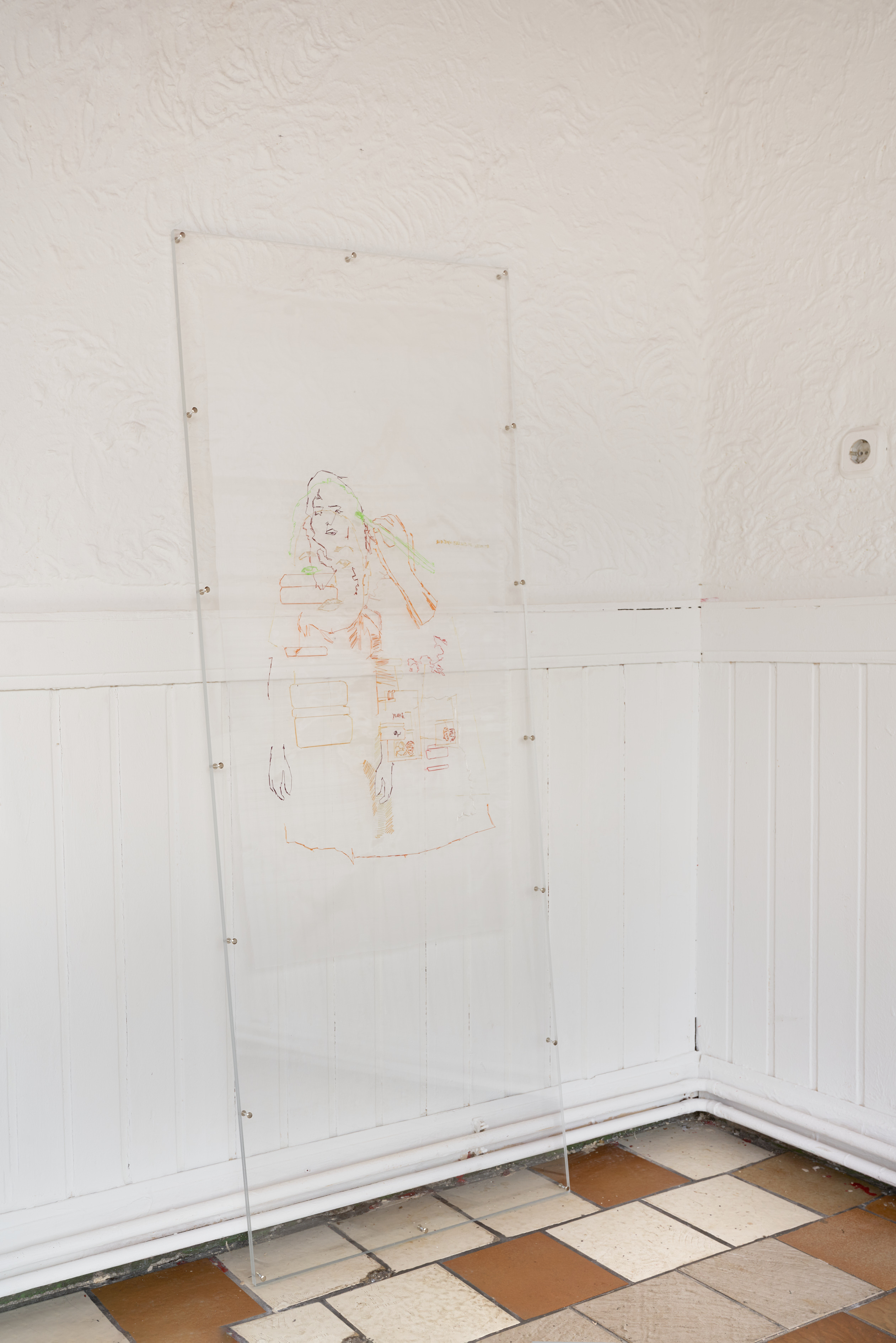 Nora Hansen, I want to paint your name in the sky (myths of creation), 2023, Plexiglass, Cotton and Silk Stitching Thread, Nylon Organza, Photo: Alwin Lay