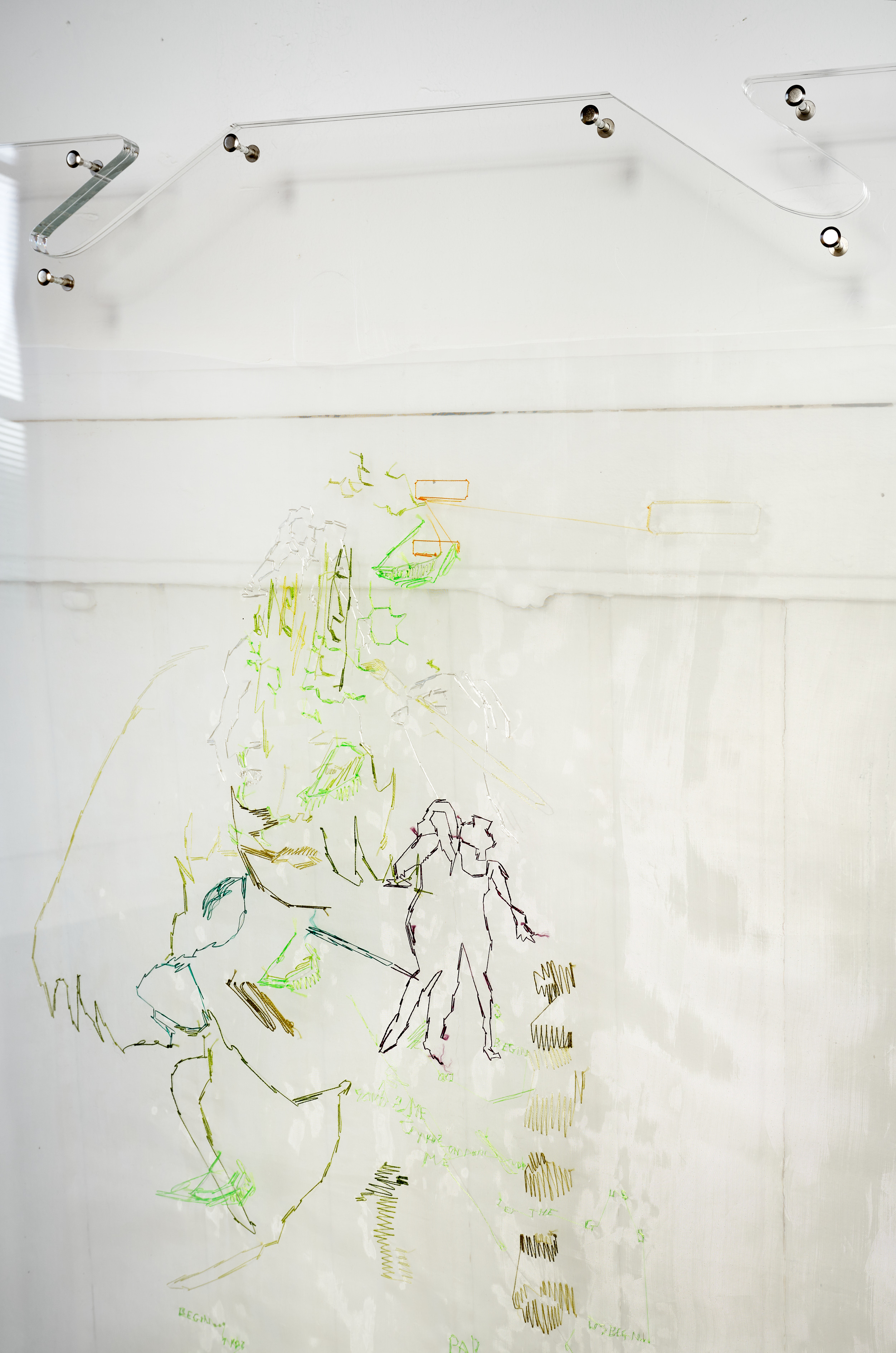 Nora Hansen, I want to paint your name in the sky (myths of creation), 2023, Plexiglass, Cotton and Silk Stitching Thread, Nylon Organza, Photo: Alwin Lay