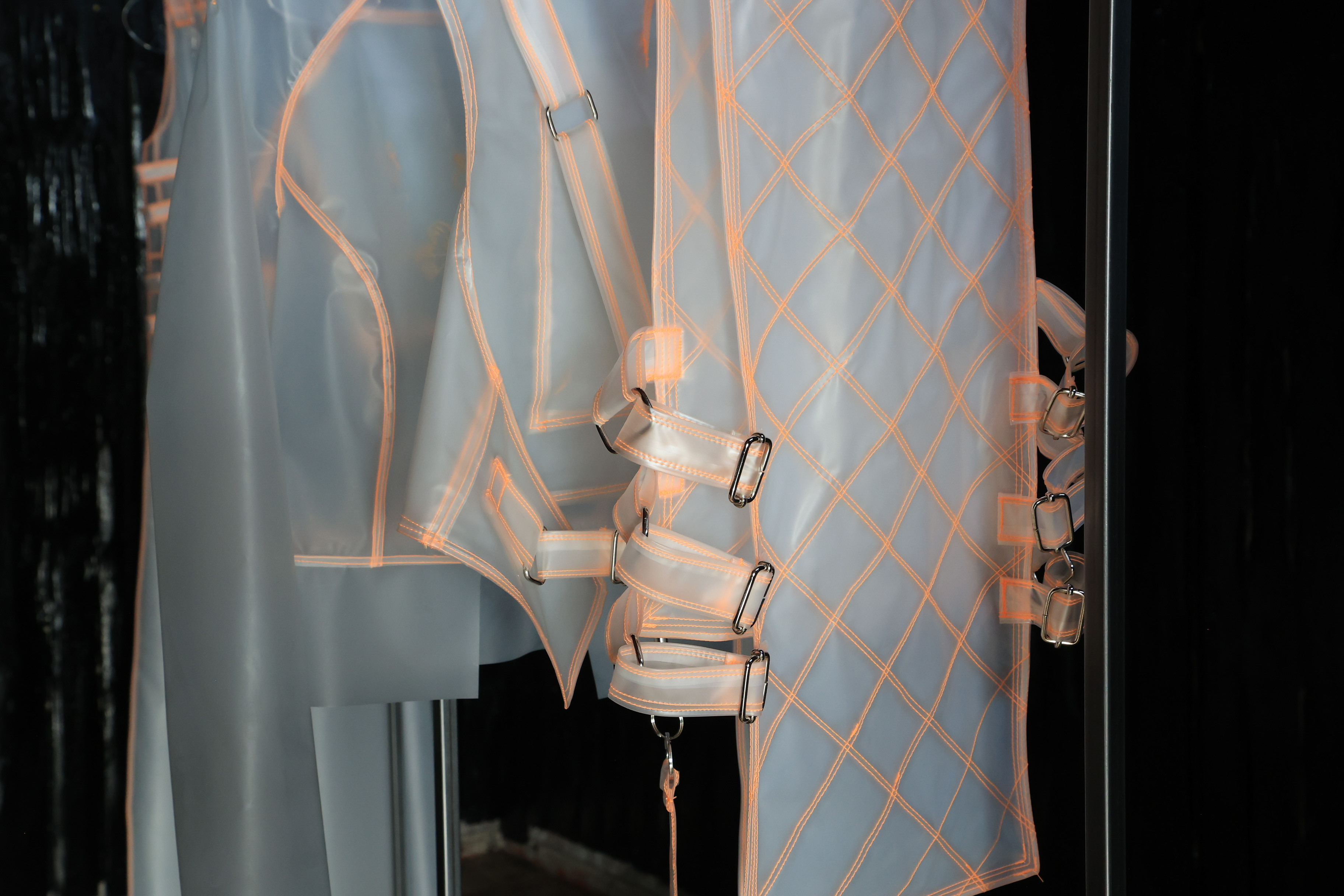 Nora Hansen, I want to paint your name in the sky (myths of creation), 2023, Silicon, Cotton and Silk Stitching Thread, Nylon Thread, Metal, Plexiglass, Photo: Christopher Gerberding