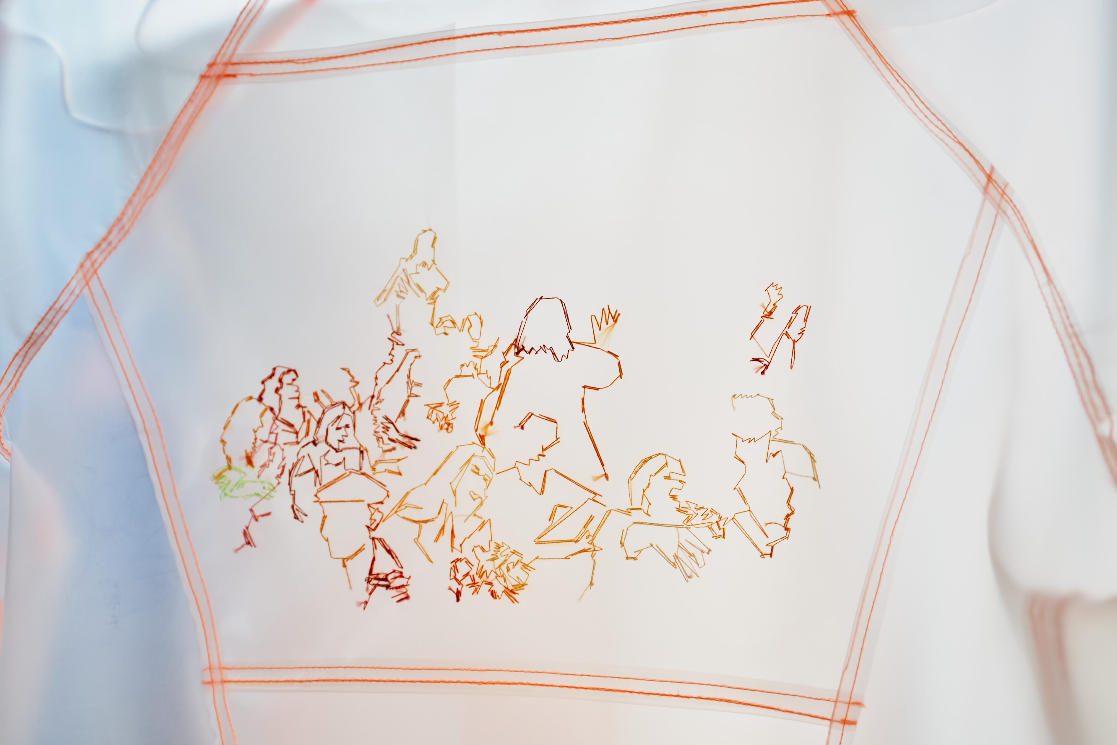 Nora Hansen, I want to paint your name in the sky (myths of creation), 2023, Silicon, Cotton and Silk Stitching Thread, Nylon Thread, Metal, Plexiglass, Photo: Christopher Gerberding