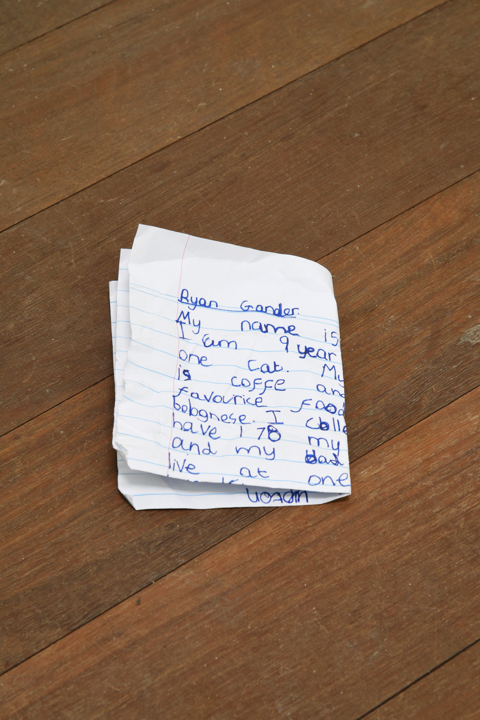 Ryan Gander, Letter to a young artist, 2019-2020, A crumpled letter hand written by the artist, addressed to an unidentified 'young artist', discarded or accidentally dropped on the gallery floor.
