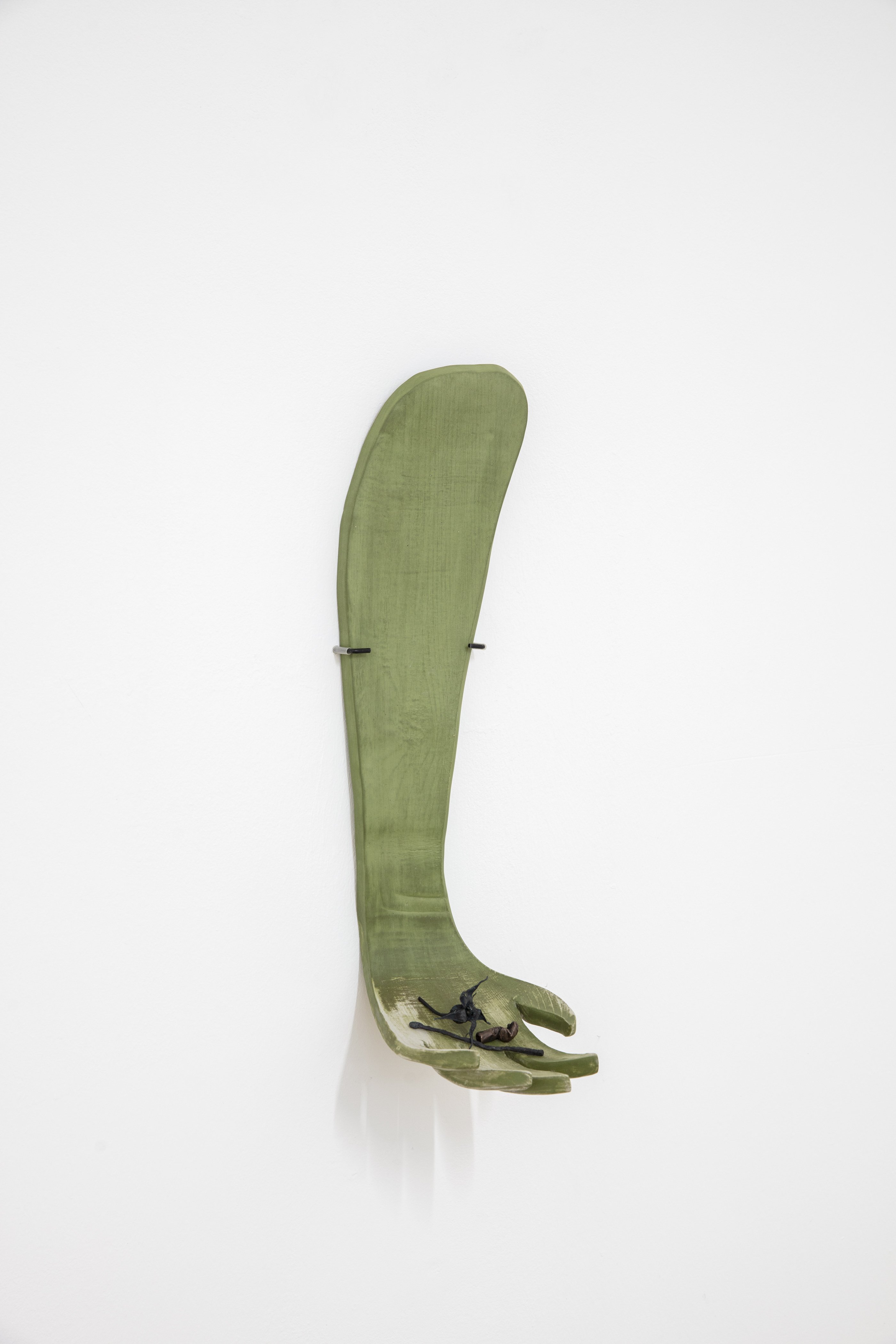 Veronika Hilger, Untitled, 2023, ceramics, engobe, rosebud, match, cigarette butt (copper plated, galvanised), 47 Ă 19.5 Ă 13.5 cm
