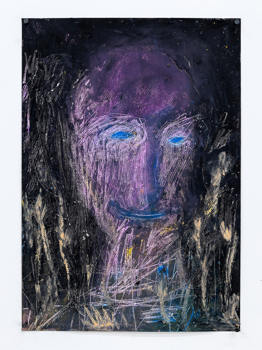 Self Portrait. Oil pastel on watercolor paper, coarse grain, nails. 21 x 29,7 cm. 2023