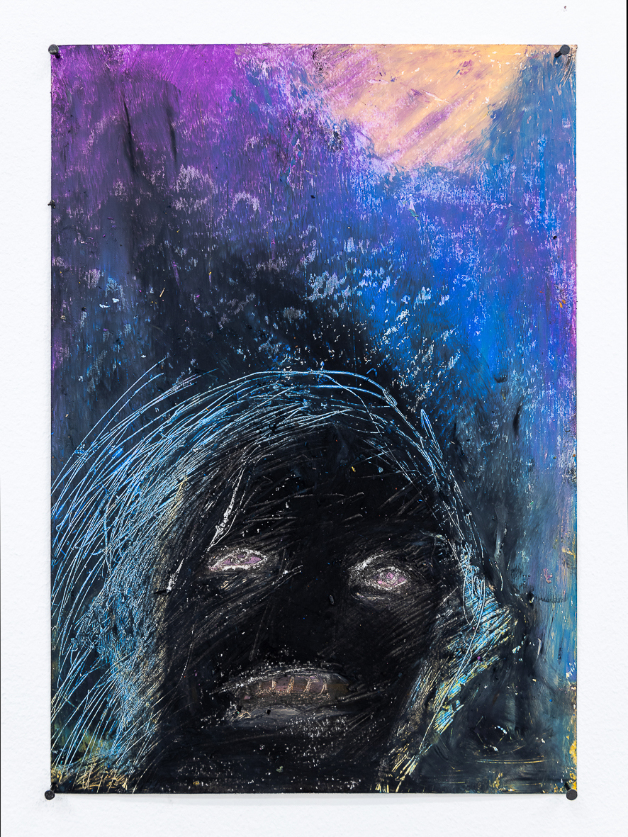 Self Portrait. Oil pastel on watercolor paper, coarse grain, nails. 21 x 29,7 cm. 2023