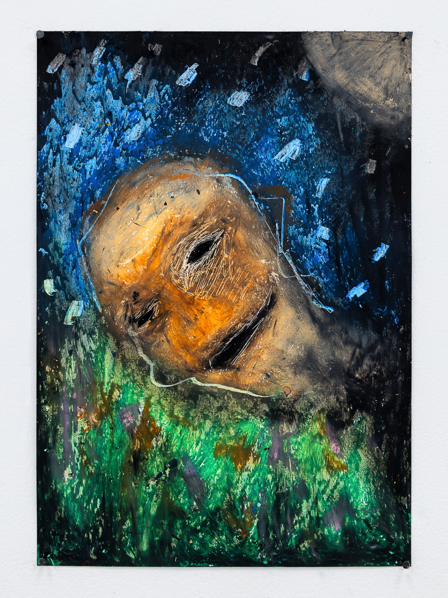 Self Portrait. Oil pastel on watercolor paper, coarse grain, nails. 21 x 29,7 cm. 2023