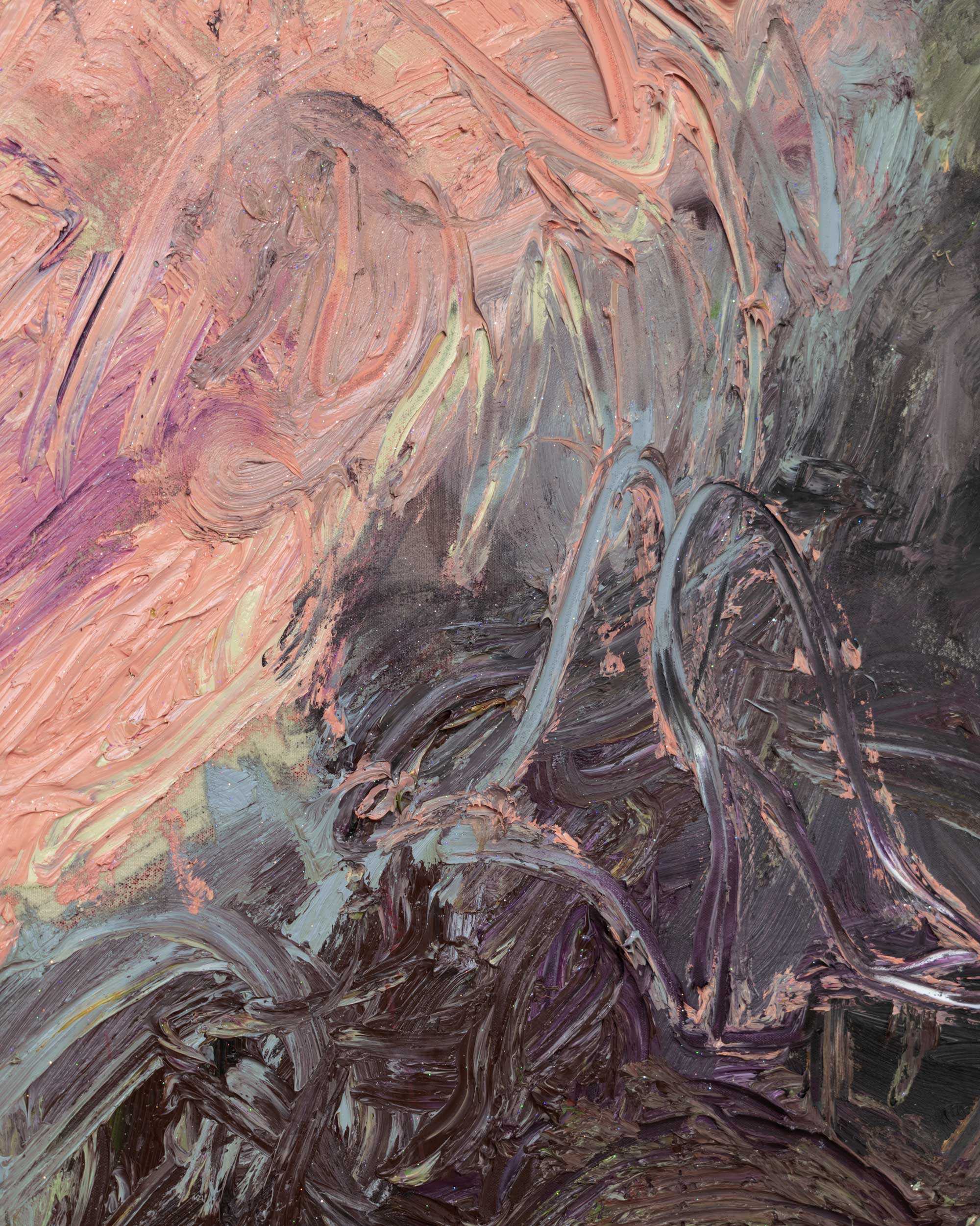 Summit, oil paint, spray paint, oil stick, hot pink pigment and glitter on canvas, 260 x 200cm, 2023