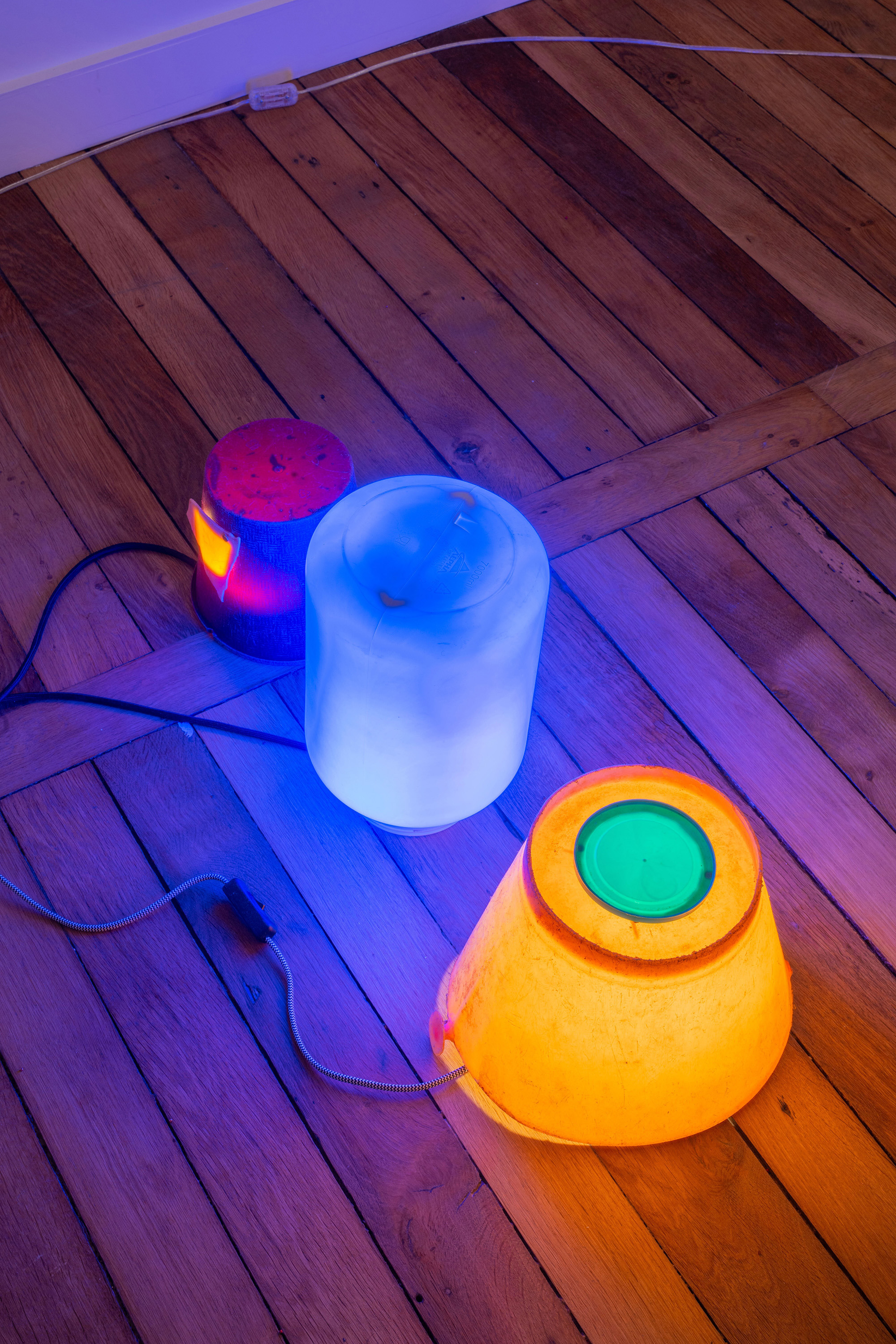 Christophe Berhault, *Ninoshima*, 2023, Plastic buckets, wires, bulbs, variable dimensions