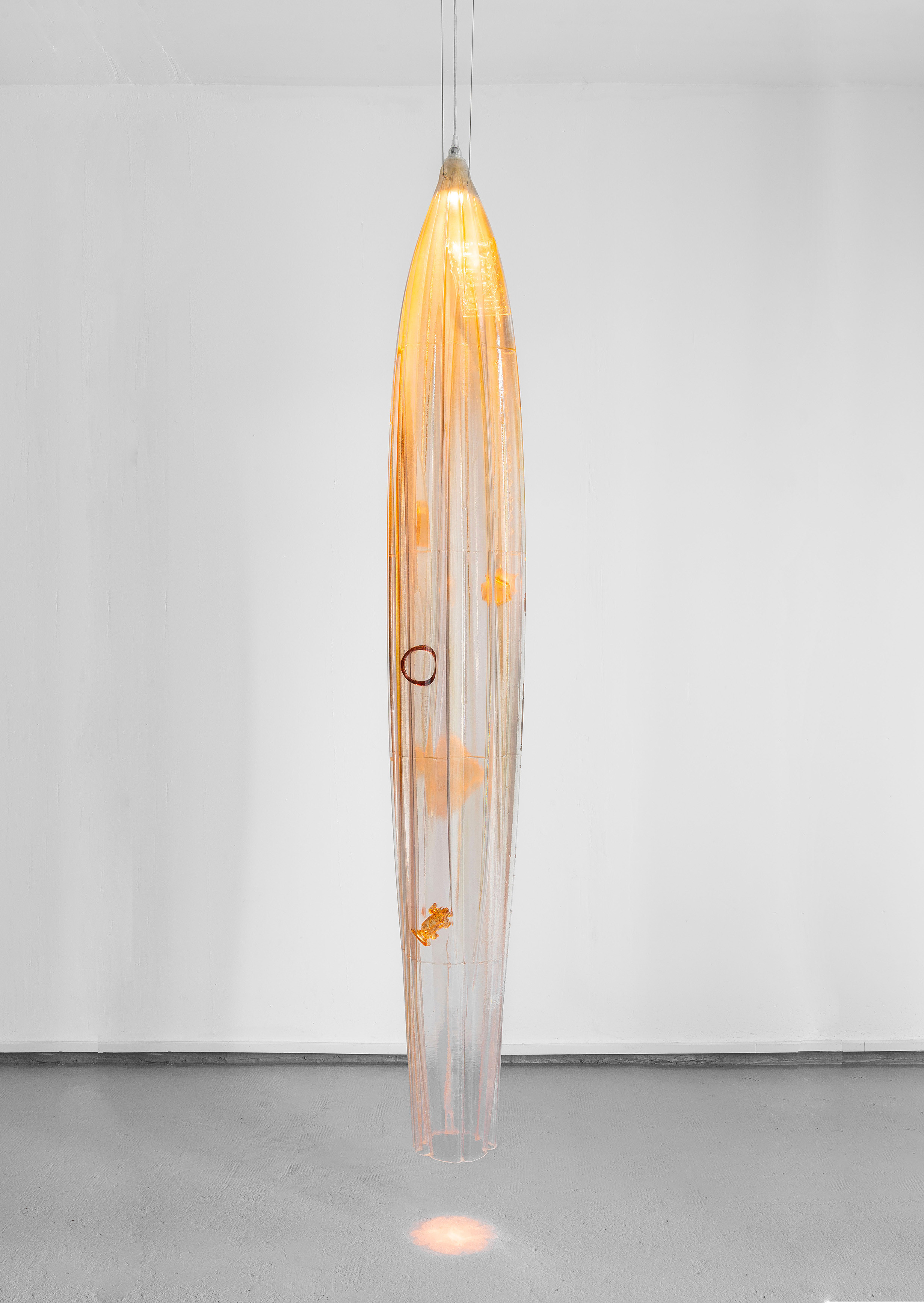 Kim Farkas, *22-08*, 2022, Custom composites, LED bulb and fixture, stainless steel, ø27 × 184 cm