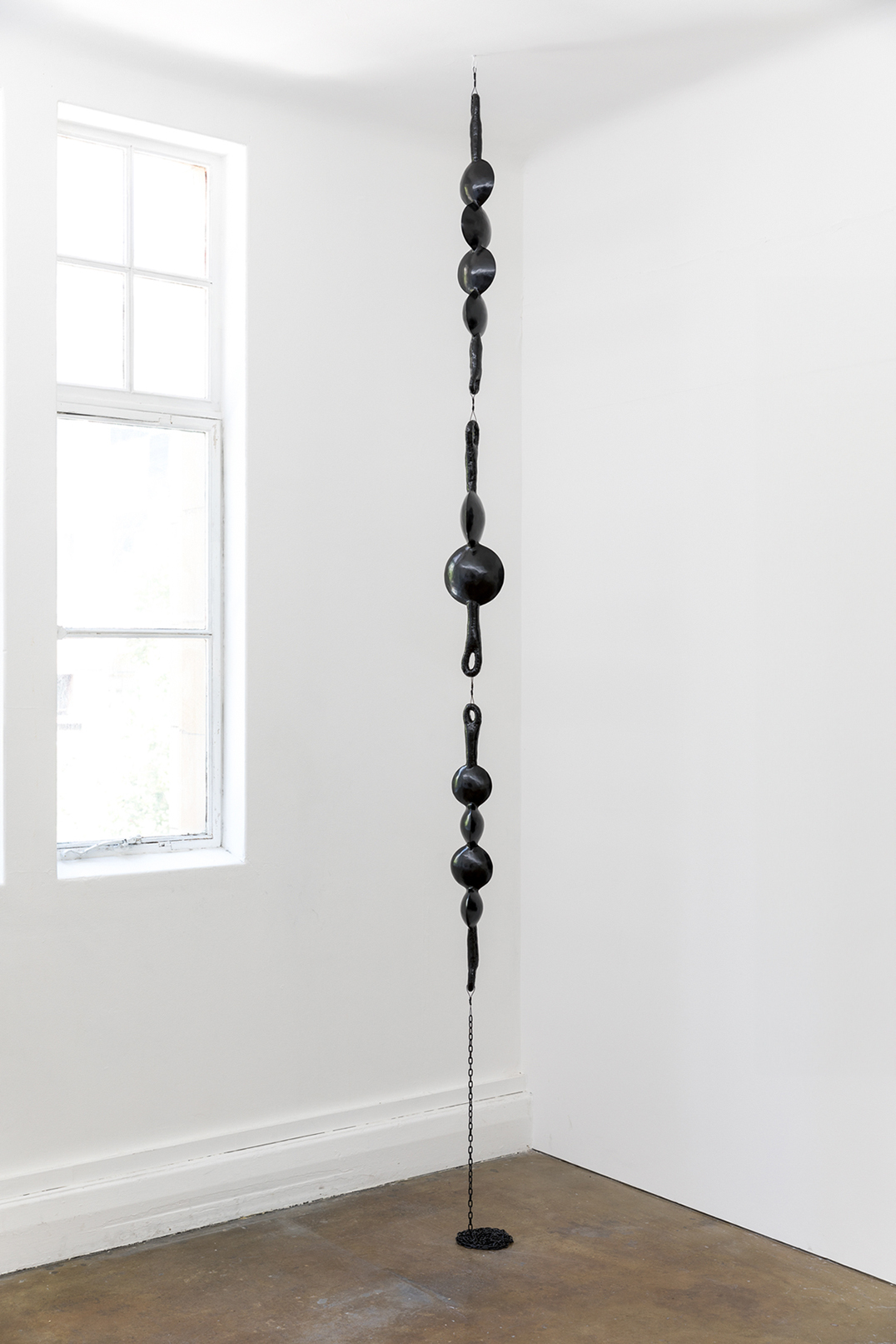 Wei Weng Prototype In Becoming A Better Ringleader, 2023 Urushi lacquerware, wires, chain Site specific assemblage, dimension variable