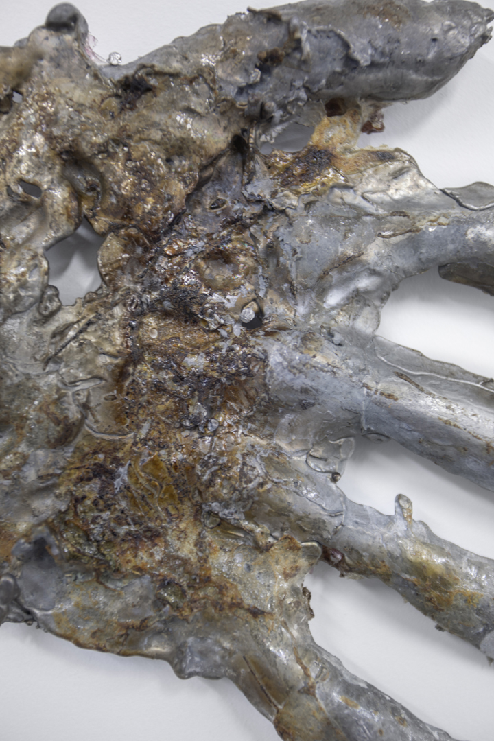 Ivan Venmer, Part of work 'Investor (Every evening I died and every morning I was born again. Resurrected), version ||, 2022 – 2023, lead, glue, titanium, 38 x 25 x 2 cm, (Details)