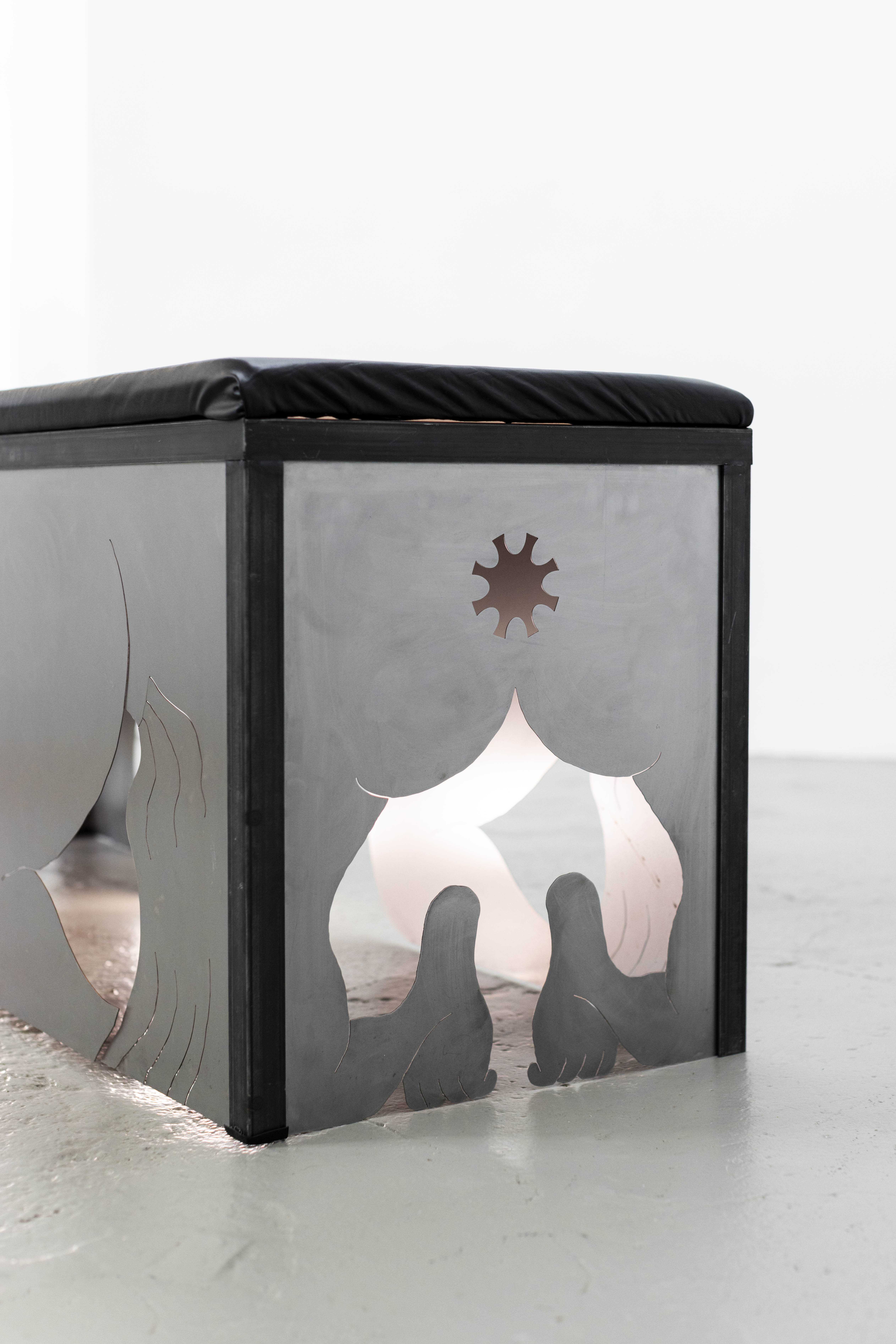 10. Desireless (I beg you), 2023 Metal, fake leather, copper, LED light
