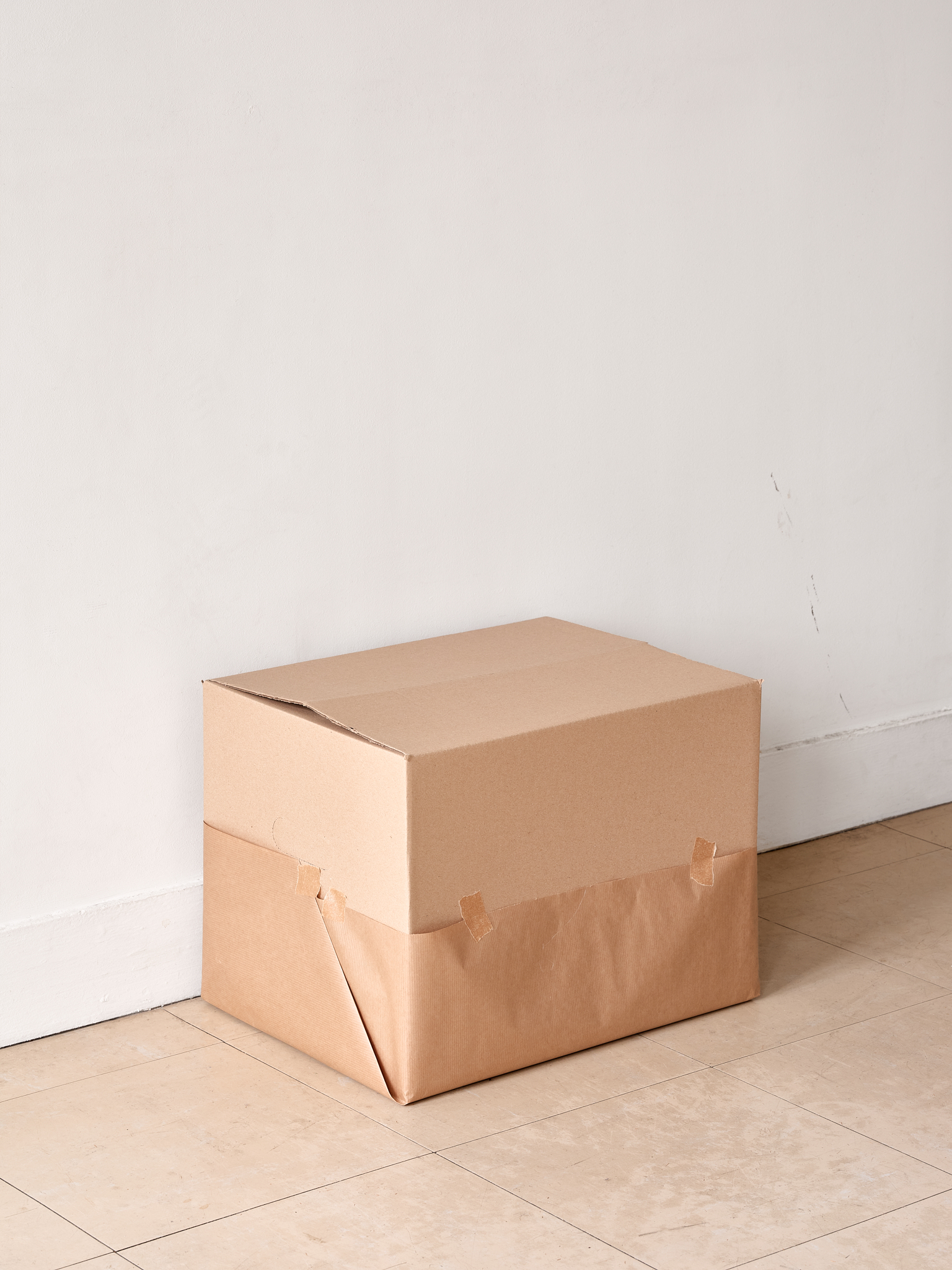 Francesca Brugola, cardboard boxes, paper, cello tape exhibition view