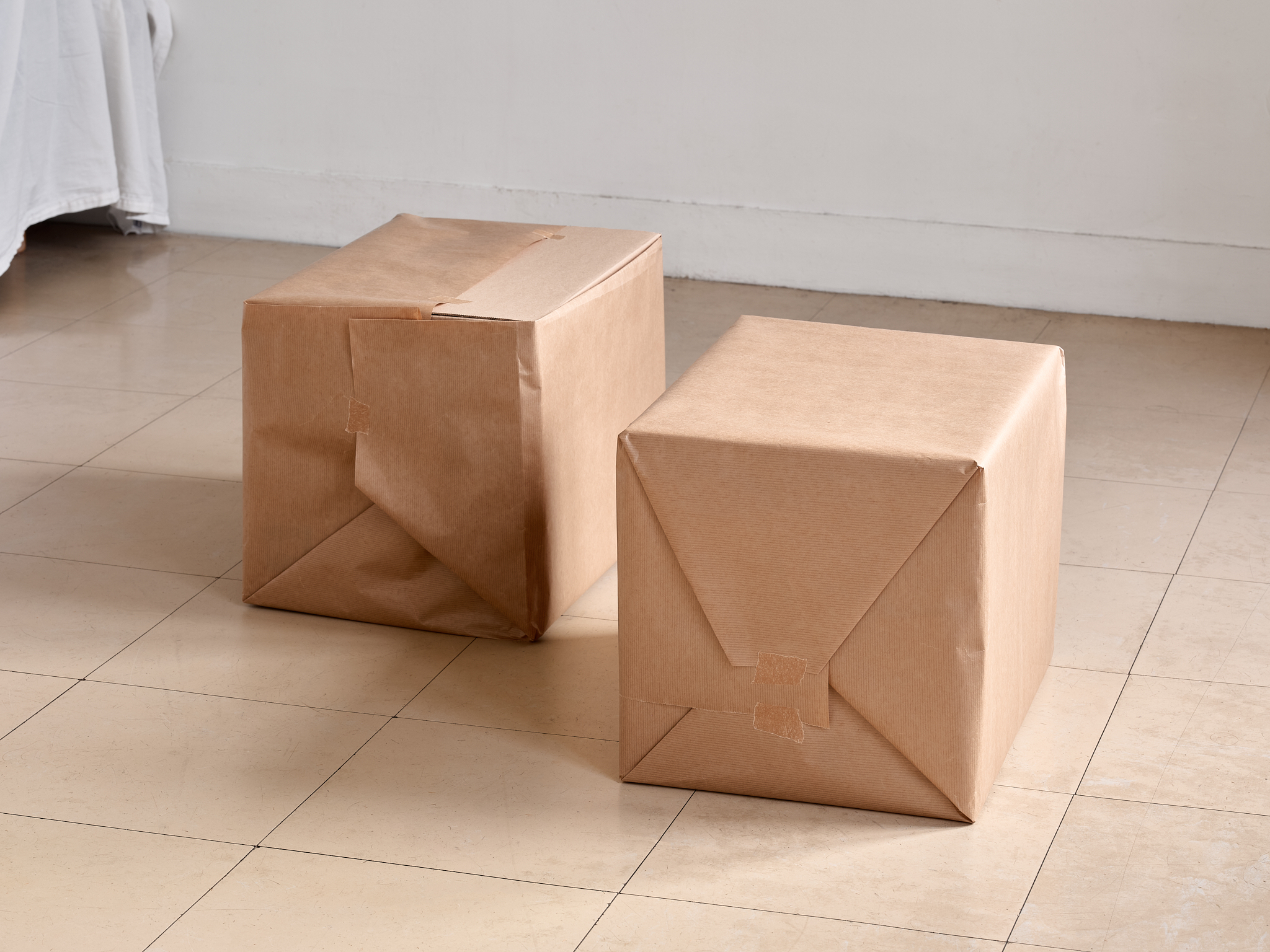Francesca Brugola, cardboard boxes, paper, cello tape exhibition view