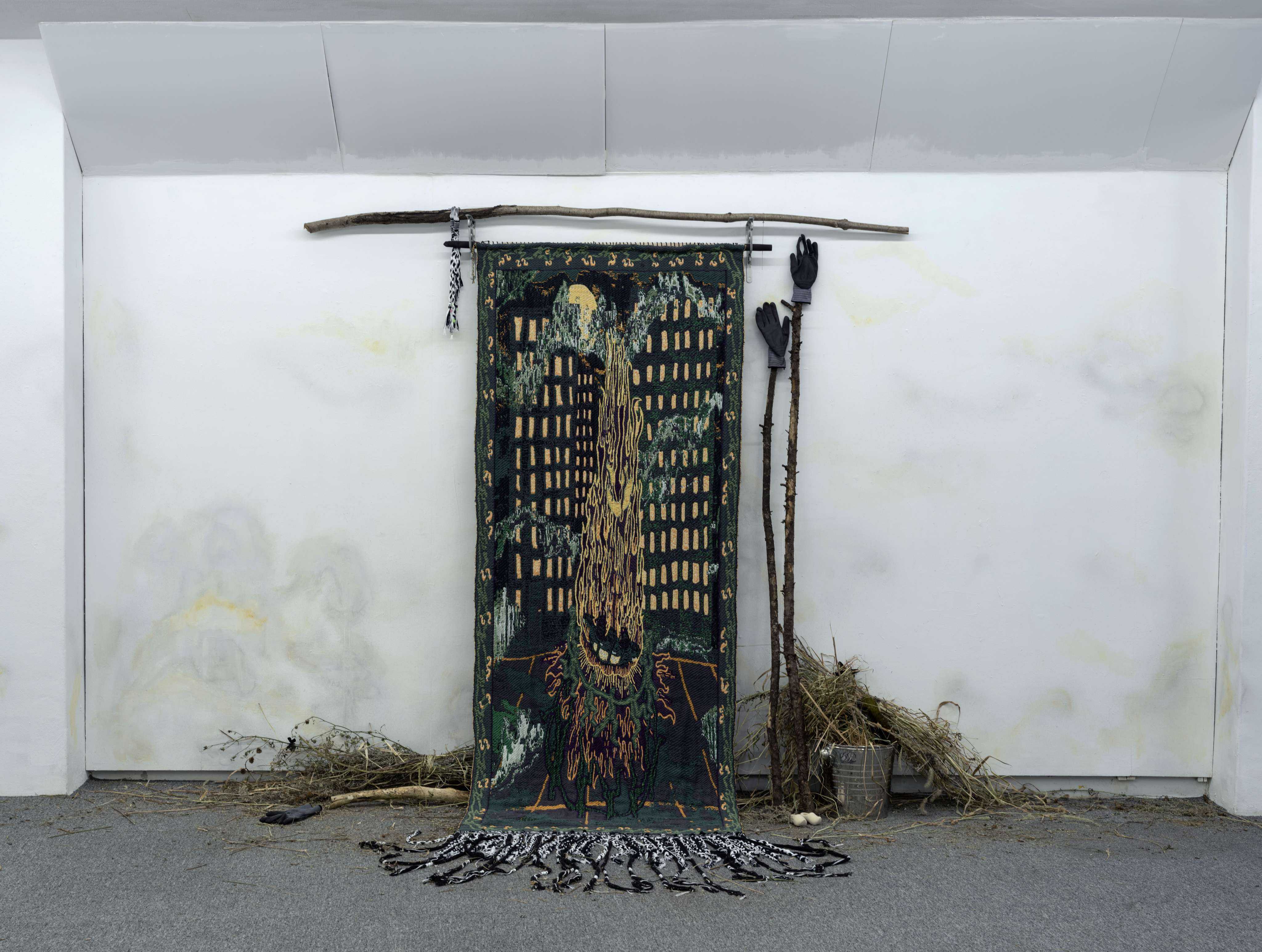 De varme hĂŠnder ( Hot hands!) 2023, TC2-woven tapestry made at Huhmarkangas Studio, Finland, cotton, jewelry, heart hangers, sticks and flora, work gloves, wooden shoes