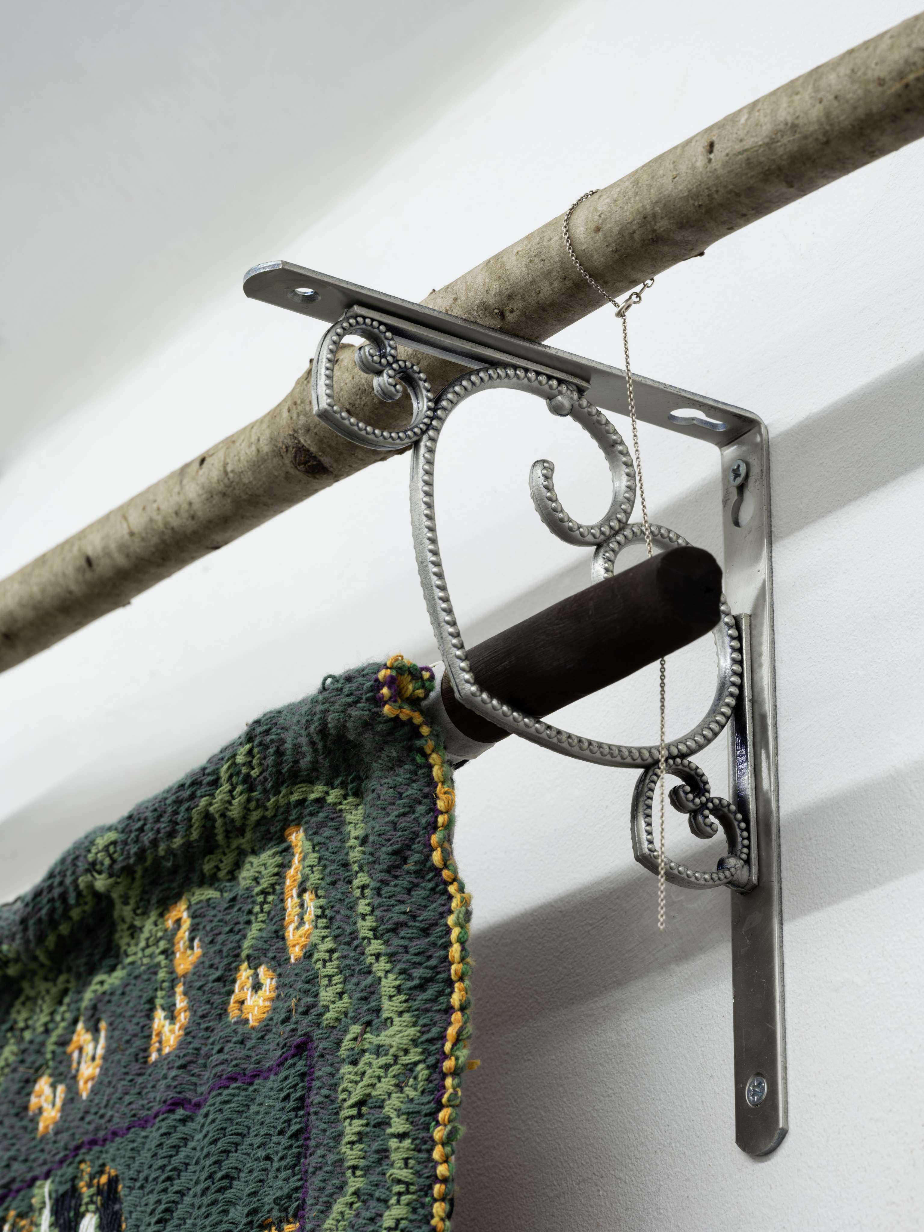 Detail "De varme hĂŠnder ( Hot hands!)" 2023, TC2-woven tapestry made at Huhmarkangas Studio, Finland, cotton, jewelry, heart hangers, sticks and flora, work gloves, wooden shoes