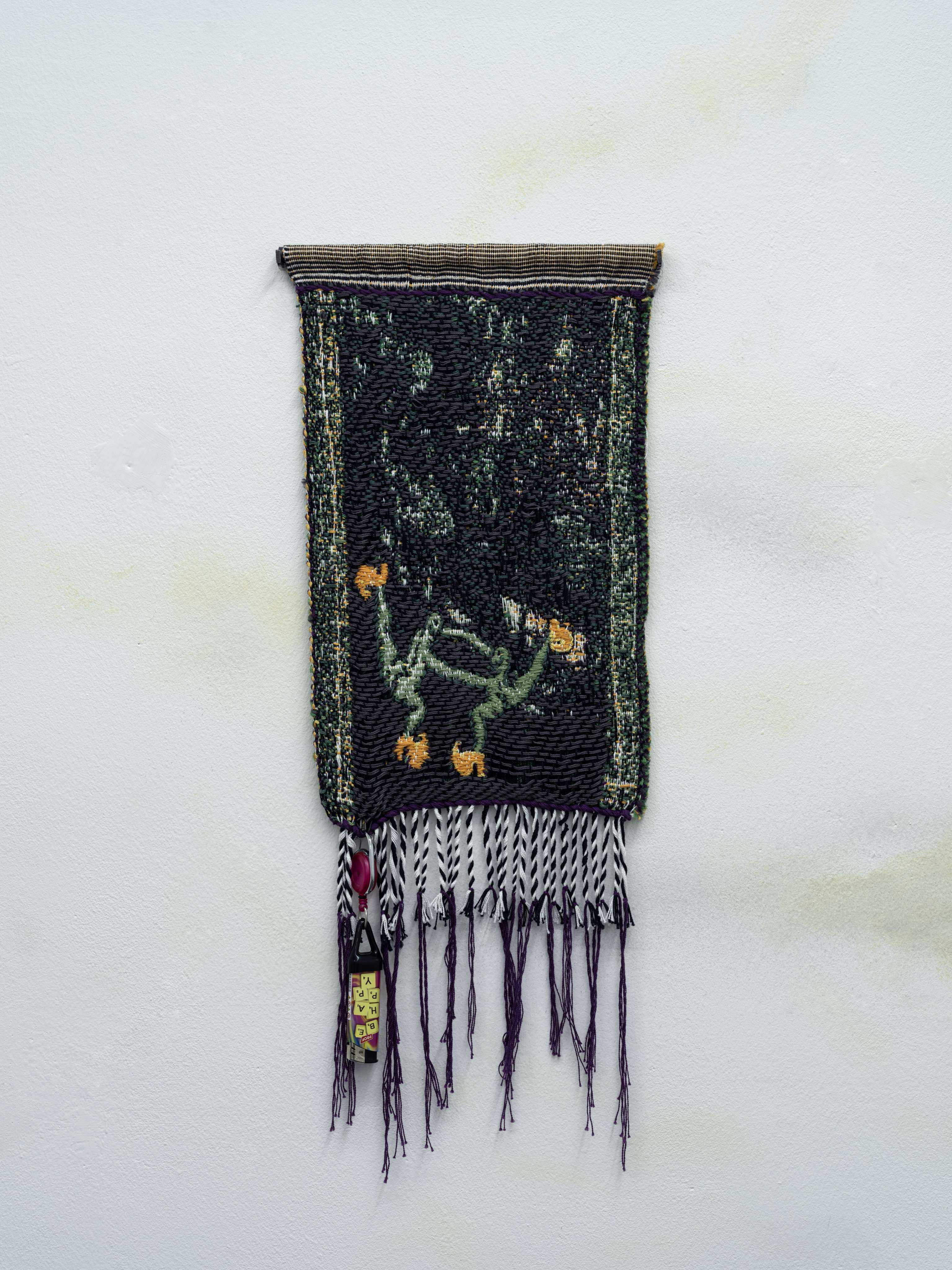 "De varme hĂŠnder (Hot hands !), (3)", 2023 TC2-woven tapestry made at Huhmarkangas Studio, Finland, cotton, lighter leash with âBe Happyâ lighter