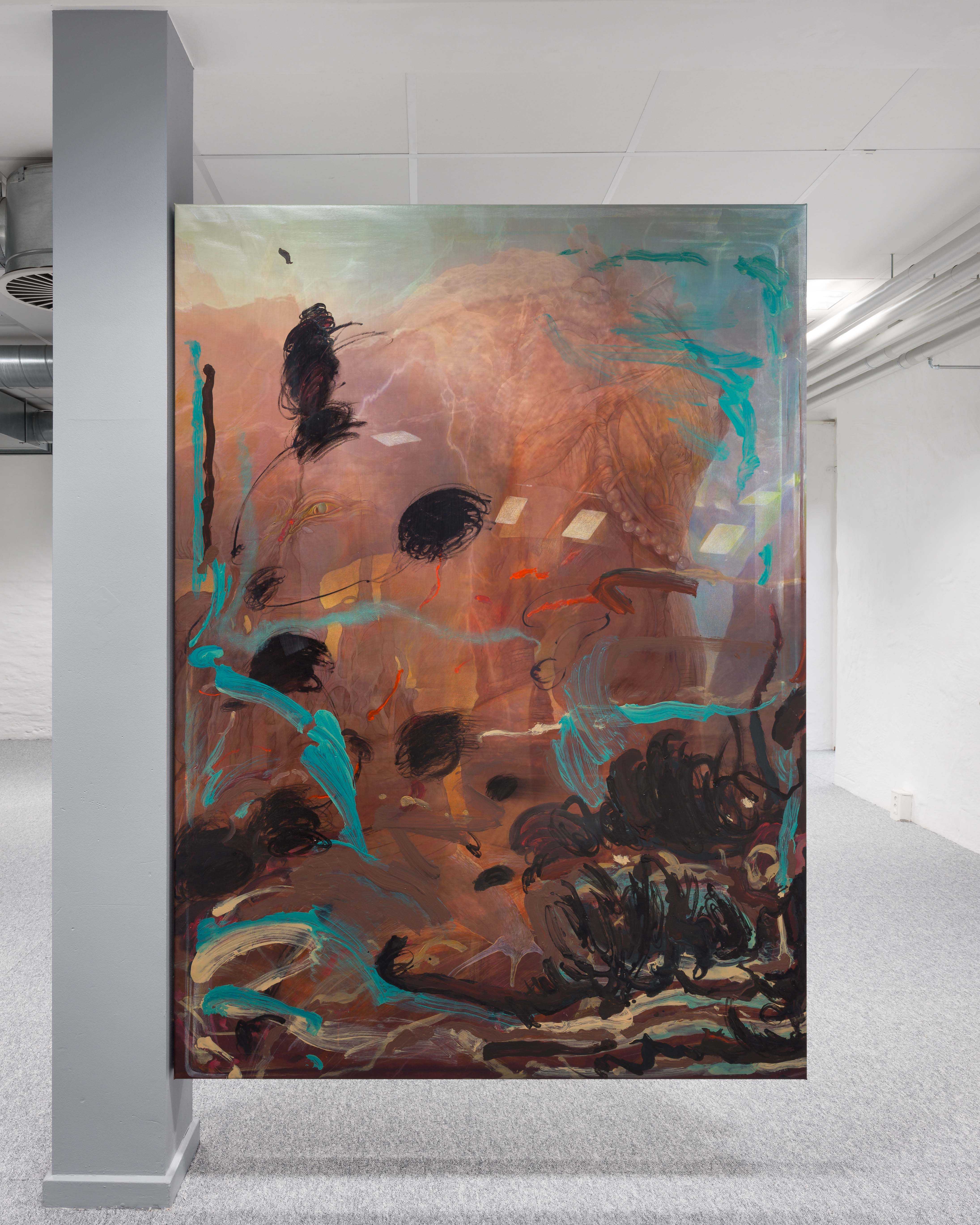Michele Gabriele, Toil, 2023 acrylic paint, pastels, charcoal and powder pigments on printed synthetic canvas, 130x180 cm