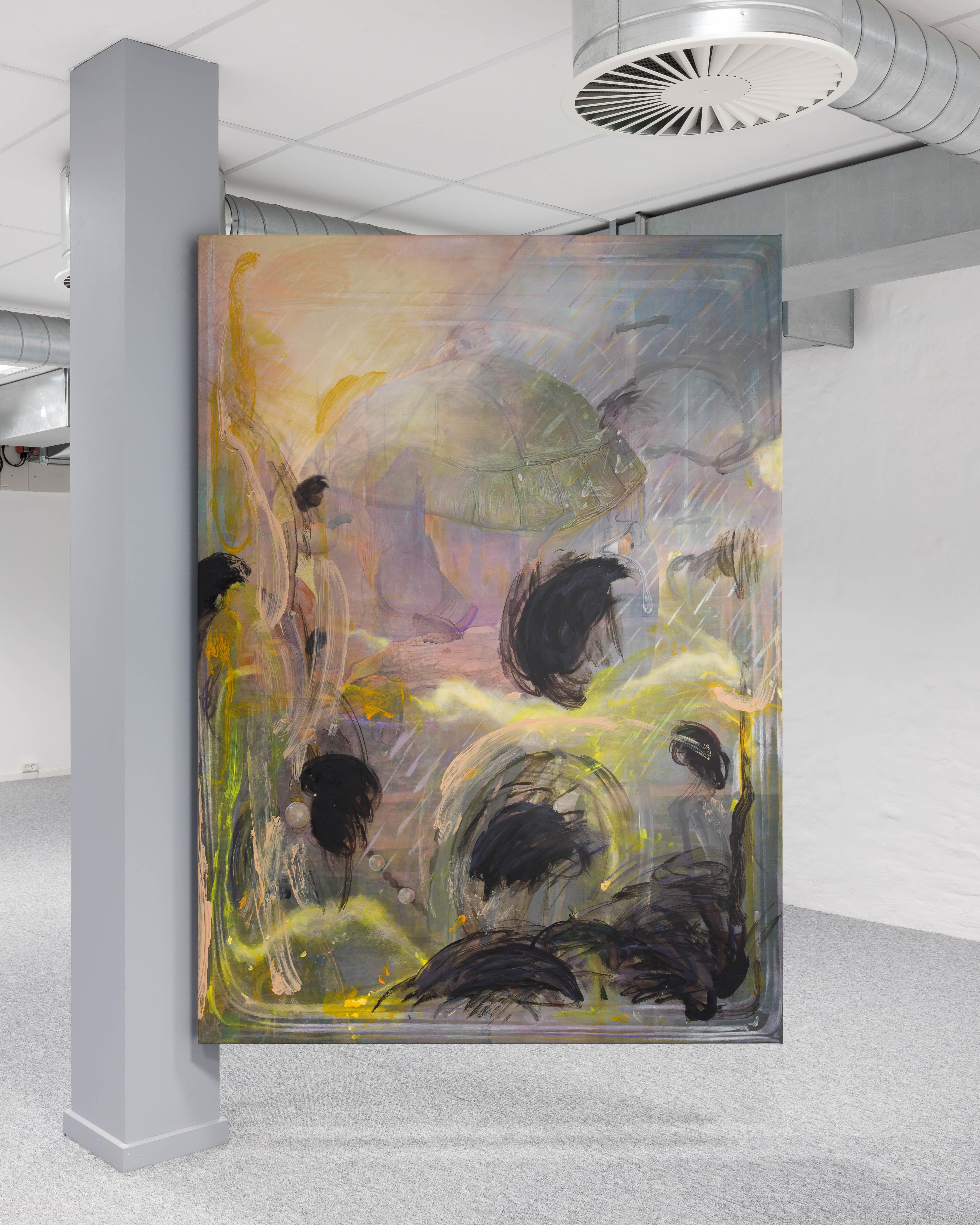 Michele Gabriele, Cumbersome, 2023, acrylic paint, pastels, charcoal and powder pigments on printed synthetic canvas, 130x180 cm
