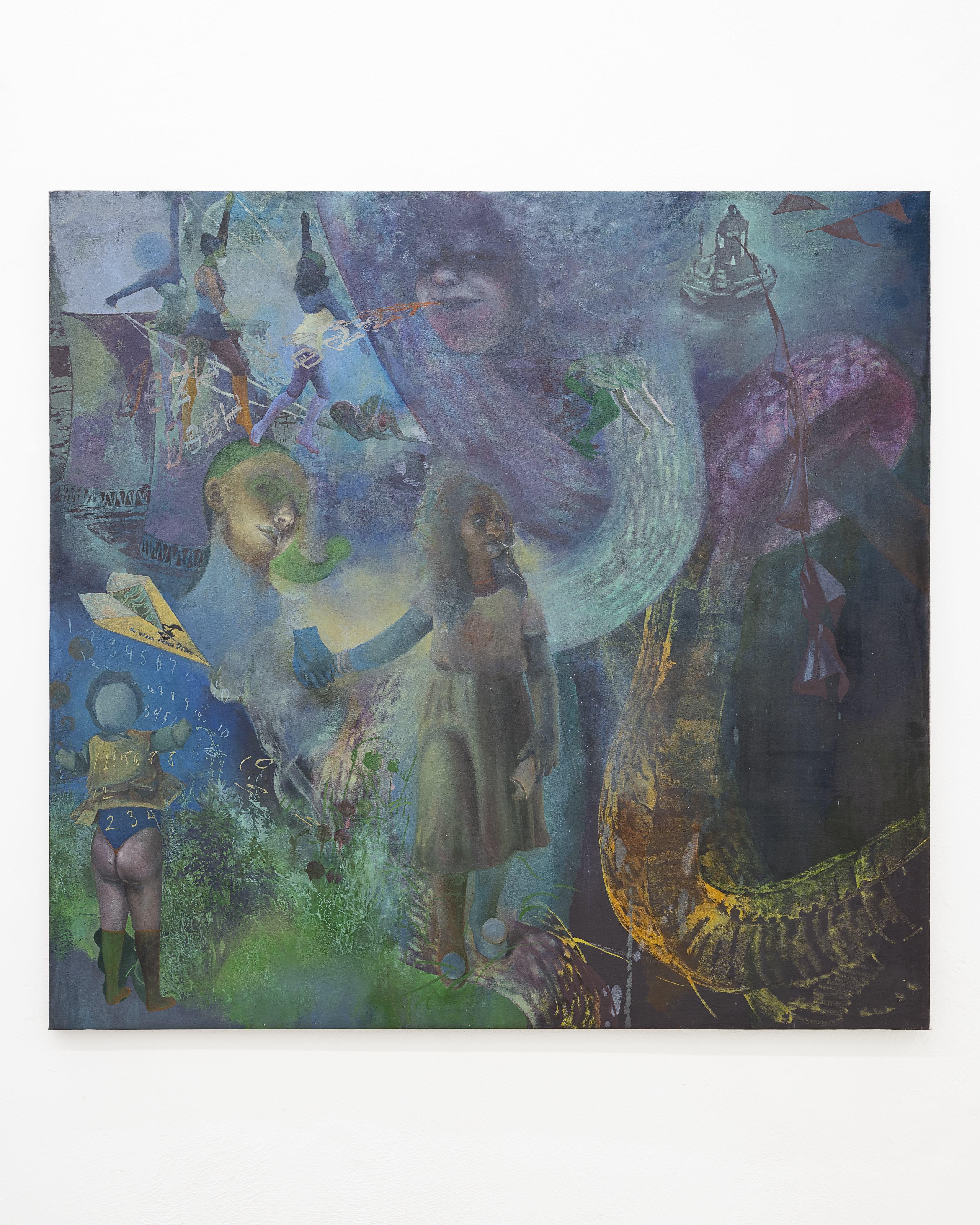 Justine Neuberger Time Fetish initiated by âDonât Worry, Be Vegan, Make Peaceâ, 2023 Oil on canvas 162,5x155 cm / 64x61 in