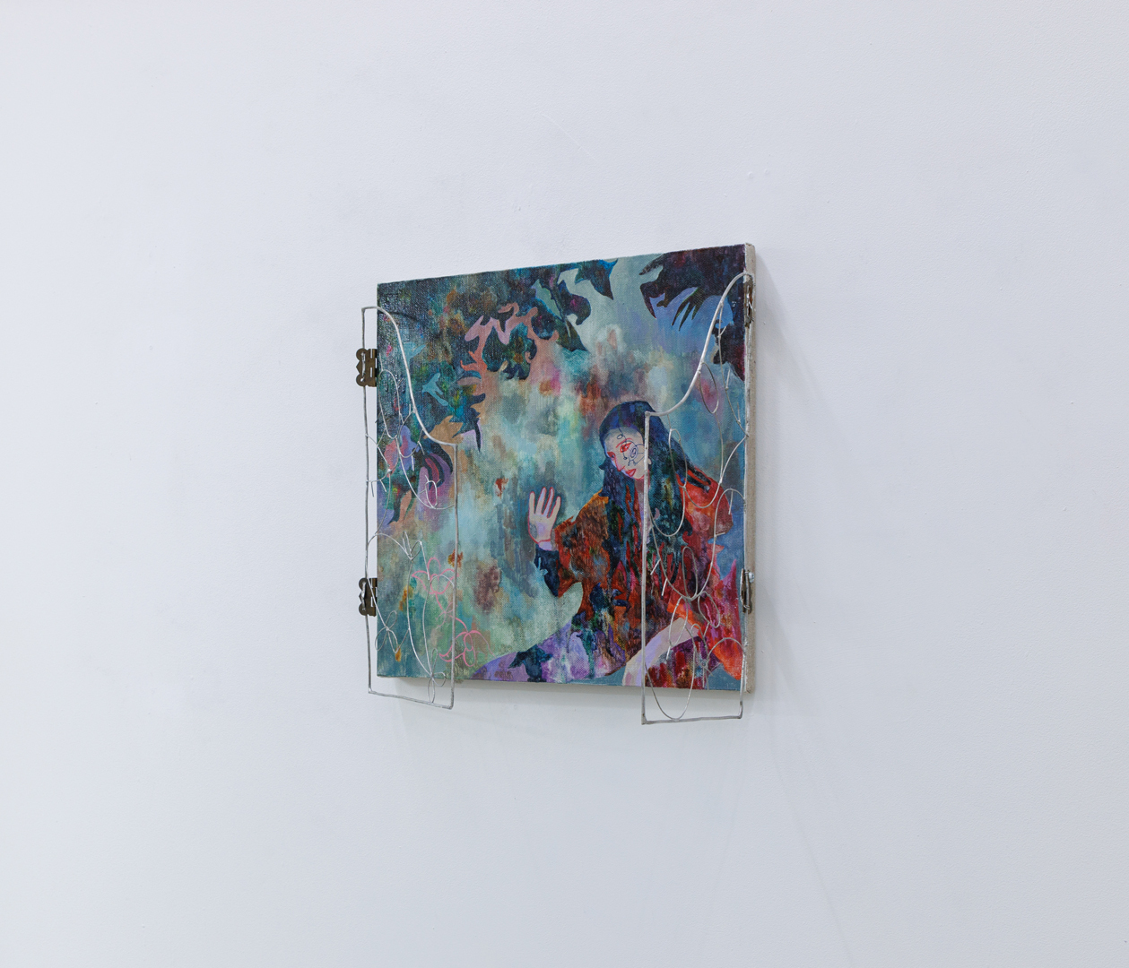 Sasha Deyash, A wound, an arrow and a swansong; I need a pair of wings, snowlike and translucent, 2022, Canvas, oil, metal, 30 x 30 cm