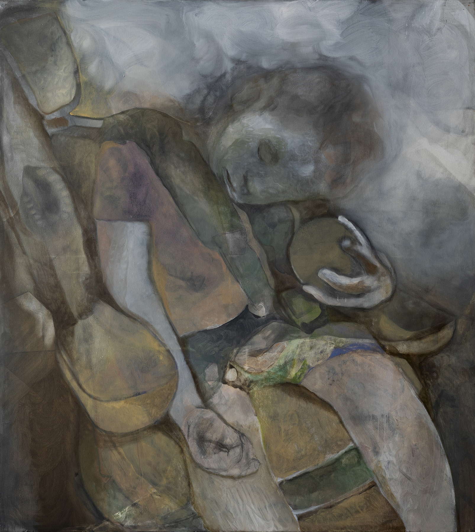"Backseat", 135x122cm, graphite and oil on canvas, 2023, photo by Lena Gomon