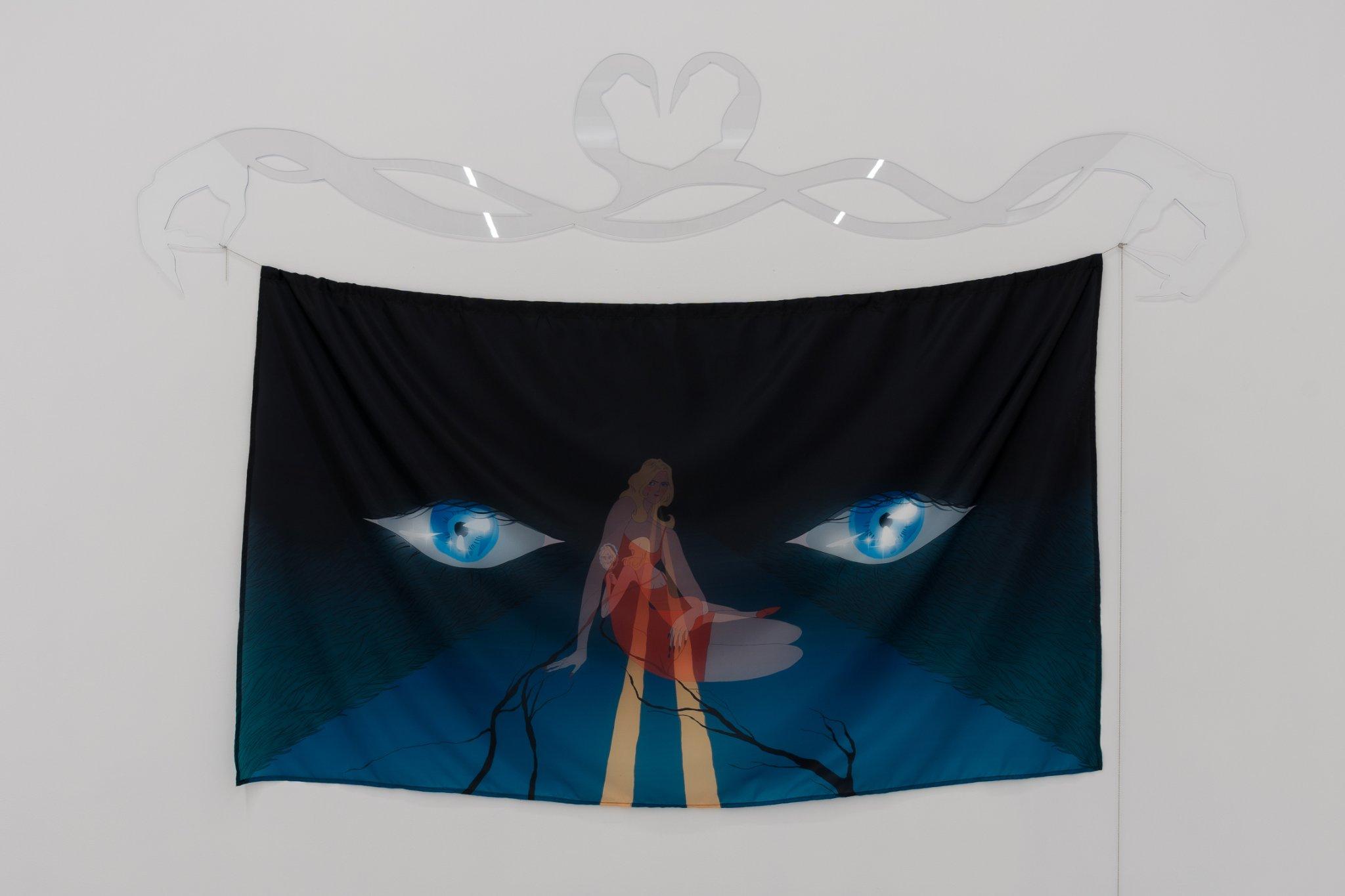 âI Walk Away From Your Smile Againâ, 2023, polycarbonate, fabric print, chain, beads, 158x94 cm (fabric size)