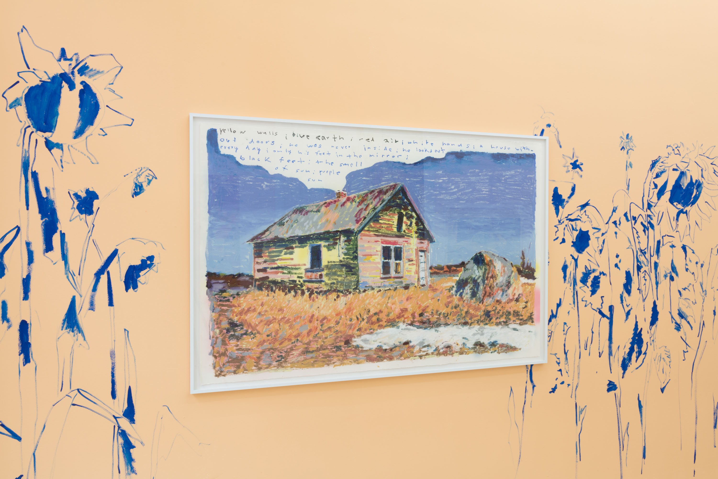 Laurentius Sauer, yellow house purple sun, 2023 Ã–l Stift auf Papier, gerahmt 167 x 108 cm