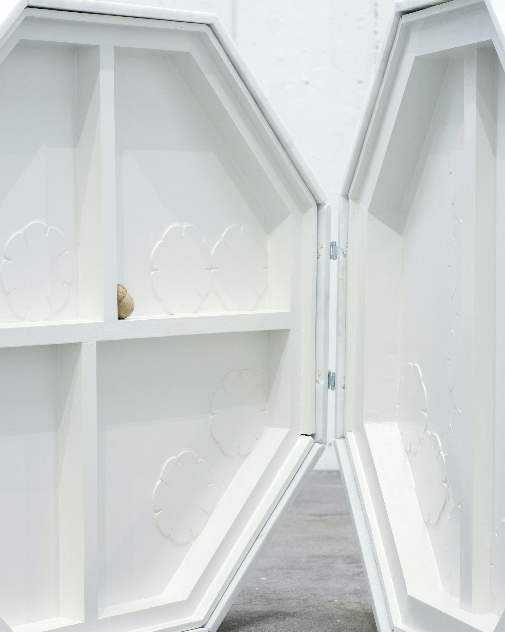 Detail of My Little Locker, marble, bolts, wood, painted wood, 126x128x120, Riikka Anttonen, 2023