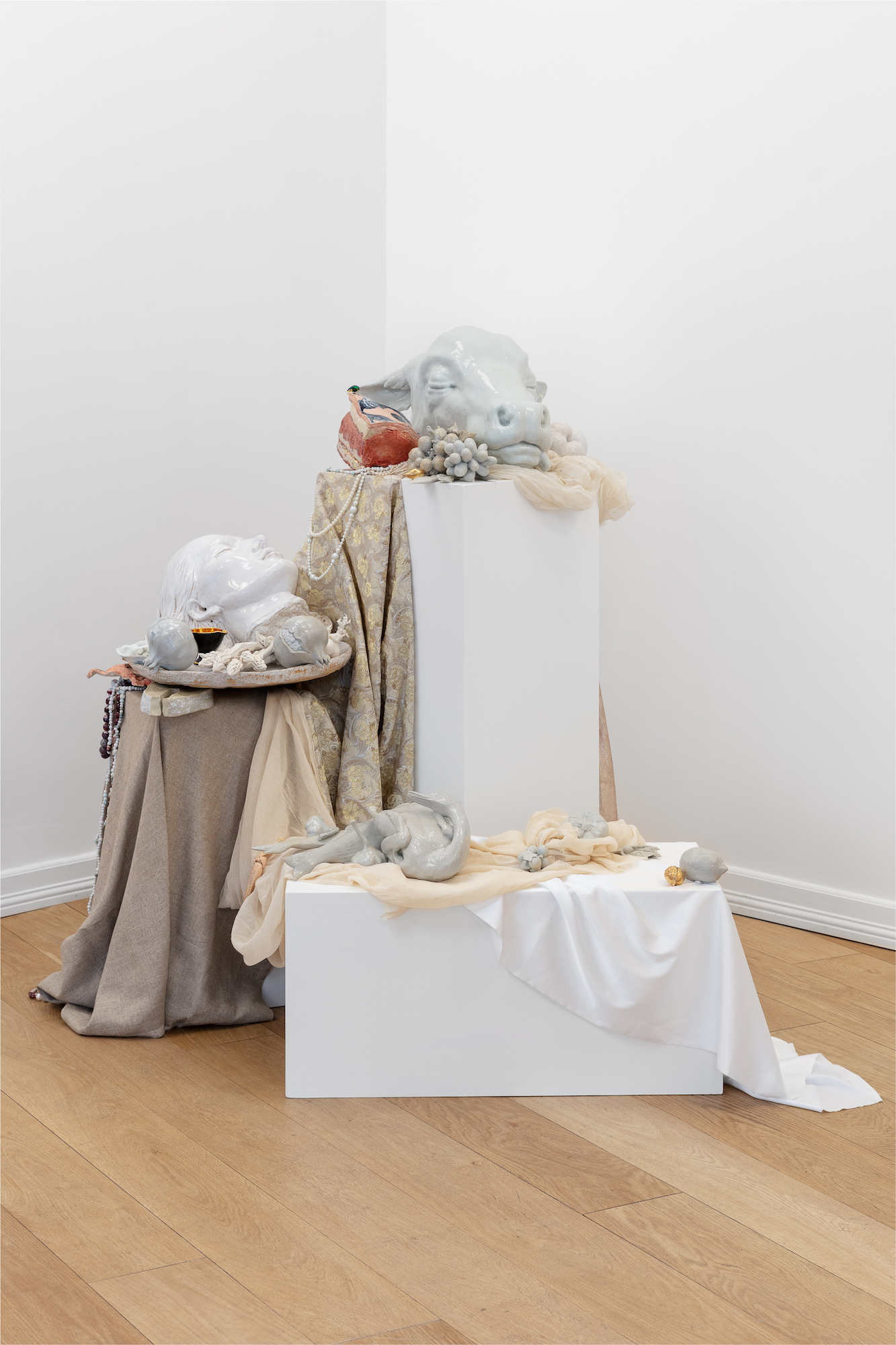 Lin Wang, Still life, 2024, Porcelain, stoneware, gold, textile, mixed media, variable measurements