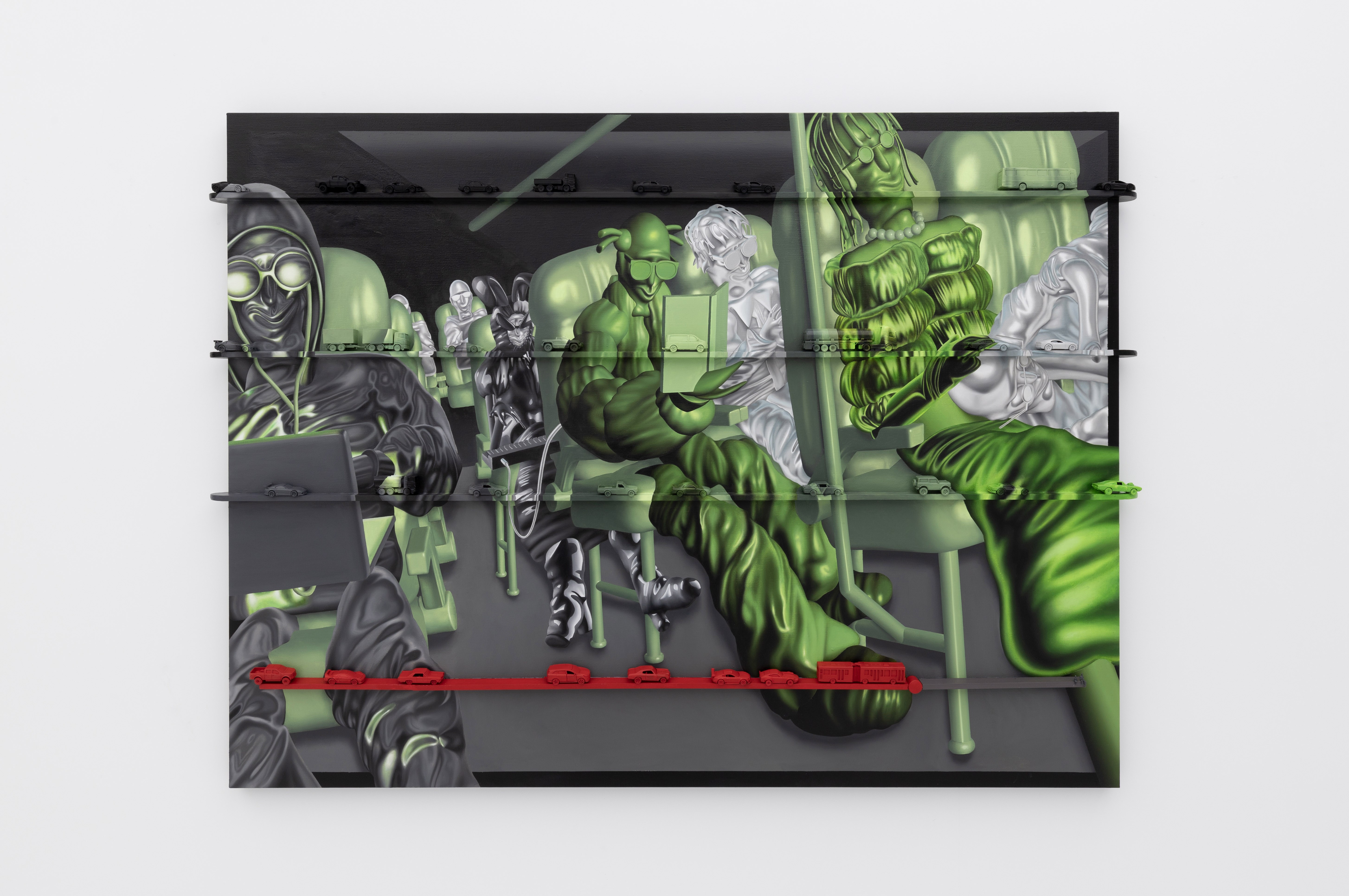 Seungwoo Kang, 2Q027-001, 125x172x6.5cm, Oil, acrylic on canvas, wood, hot wheels, diorama human figure, 2024