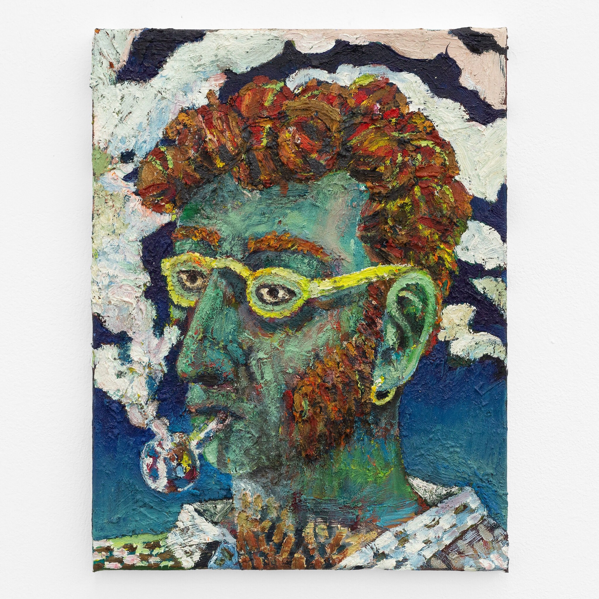 Guy Allott, Man with Pipe (Men with pipes II), 2022 Â· Oil on canvas Â· 40 Ã— 30 Ã— 1,5 cm / 15.7 Ã— 11.8 Ã— 0.6 in Â· Courtesy the artist and Mountains, Berlin Â© Julie Becquart 