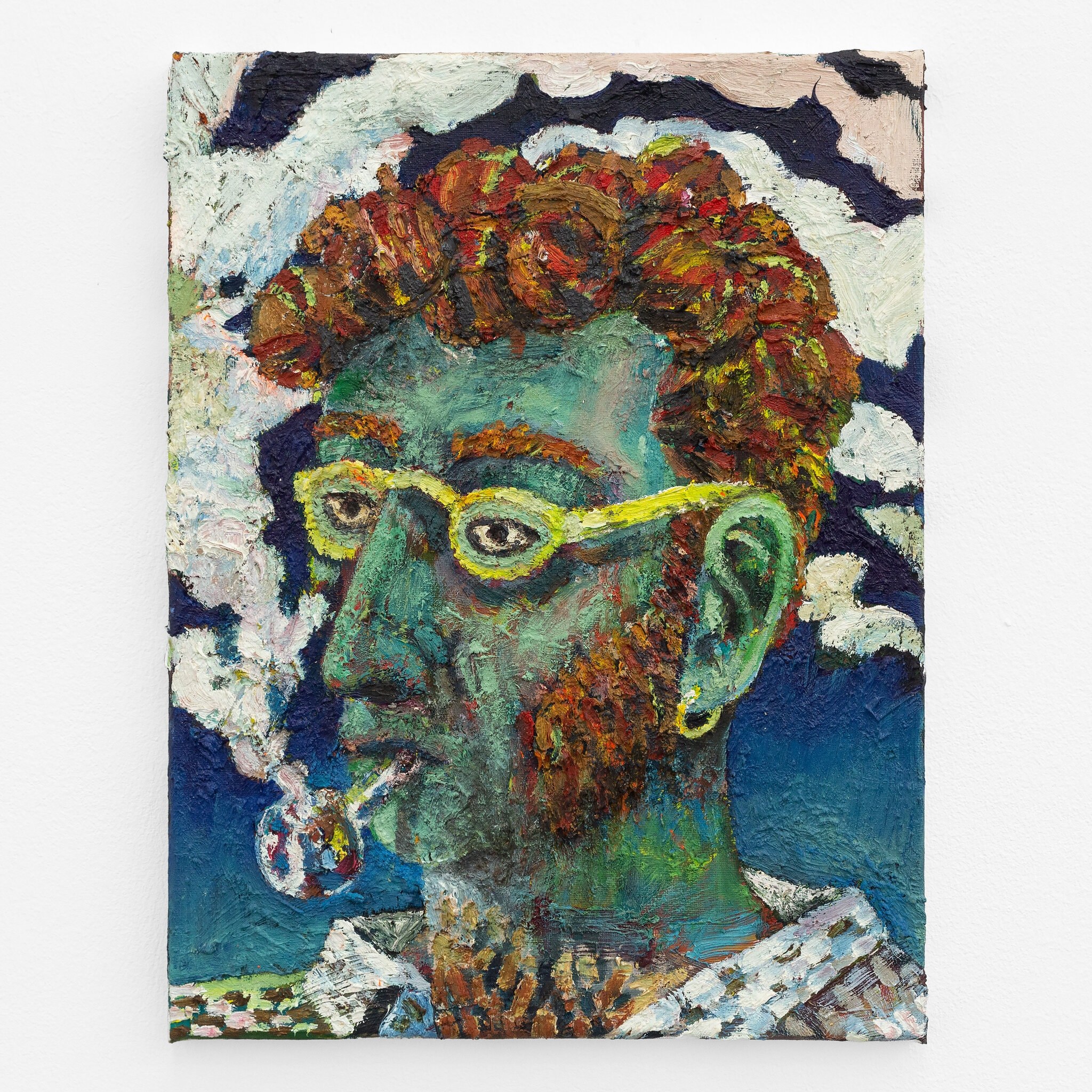 Guy Allott, Man with Pipe (Men with pipes II), 2022 · Oil on canvas · 40 × 30 × 1,5 cm / 15.7 × 11.8 × 0.6 in · Courtesy the artist and Mountains, Berlin © Julie Becquart