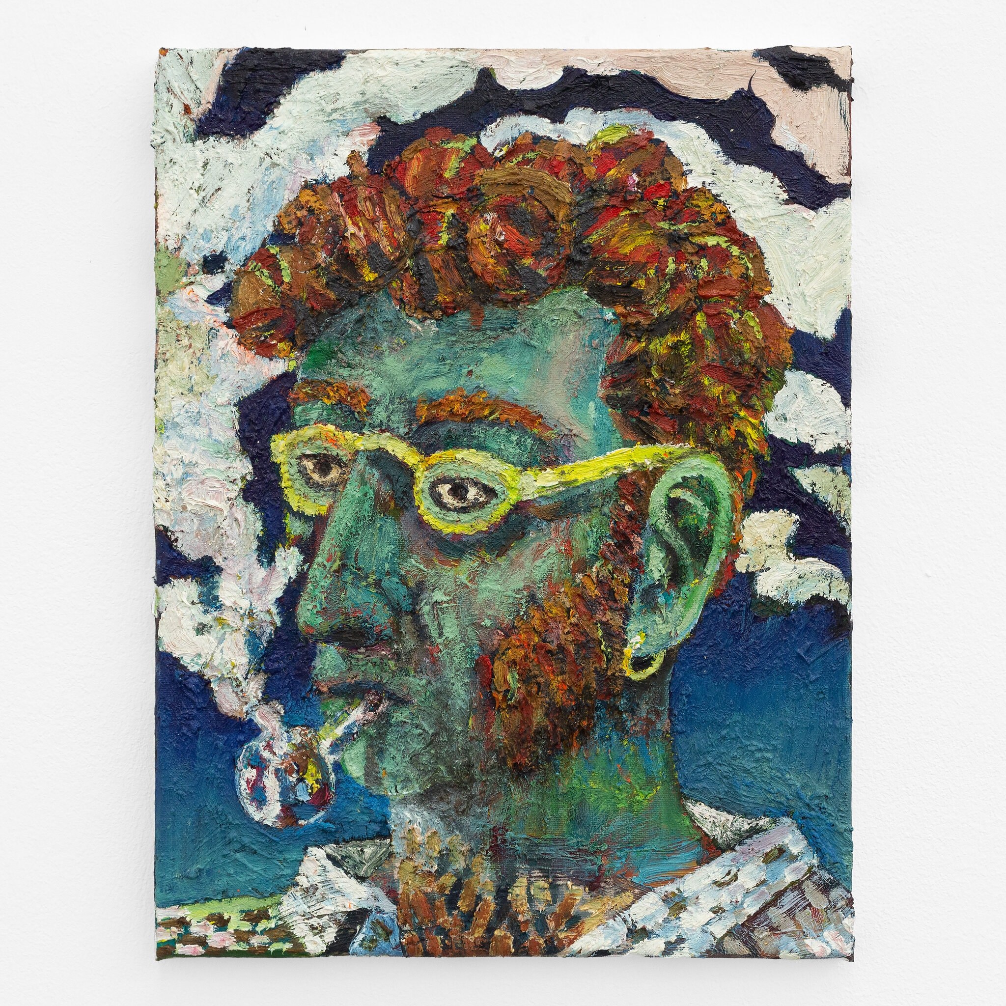 Guy Allott, Man with Pipe (Men with pipes II), 2022 · Oil on canvas · 40 × 30 × 1,5 cm / 15.7 × 11.8 × 0.6 in · Courtesy the artist and Mountains, Berlin © Julie Becquart 