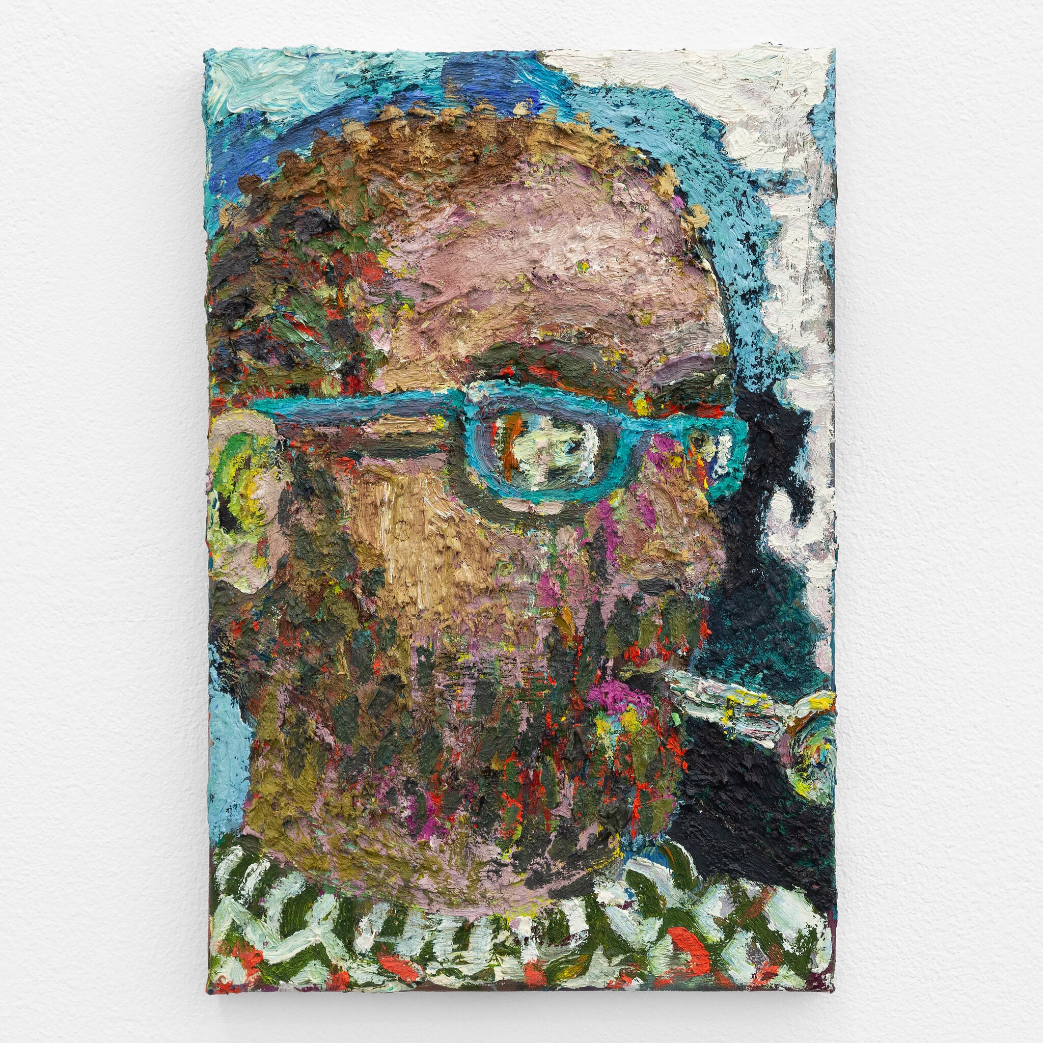 Guy Allott, Portait for Malcolm (Men with pipes III), 2023 Â· Oil on canvas Â· 29,5 Ã— 21 Ã— 2,5 cm / 11.6 Ã— 8.3 Ã— 0.9 in Â· Courtesy the artist and Mountains, Berlin Â© Julie Becquart