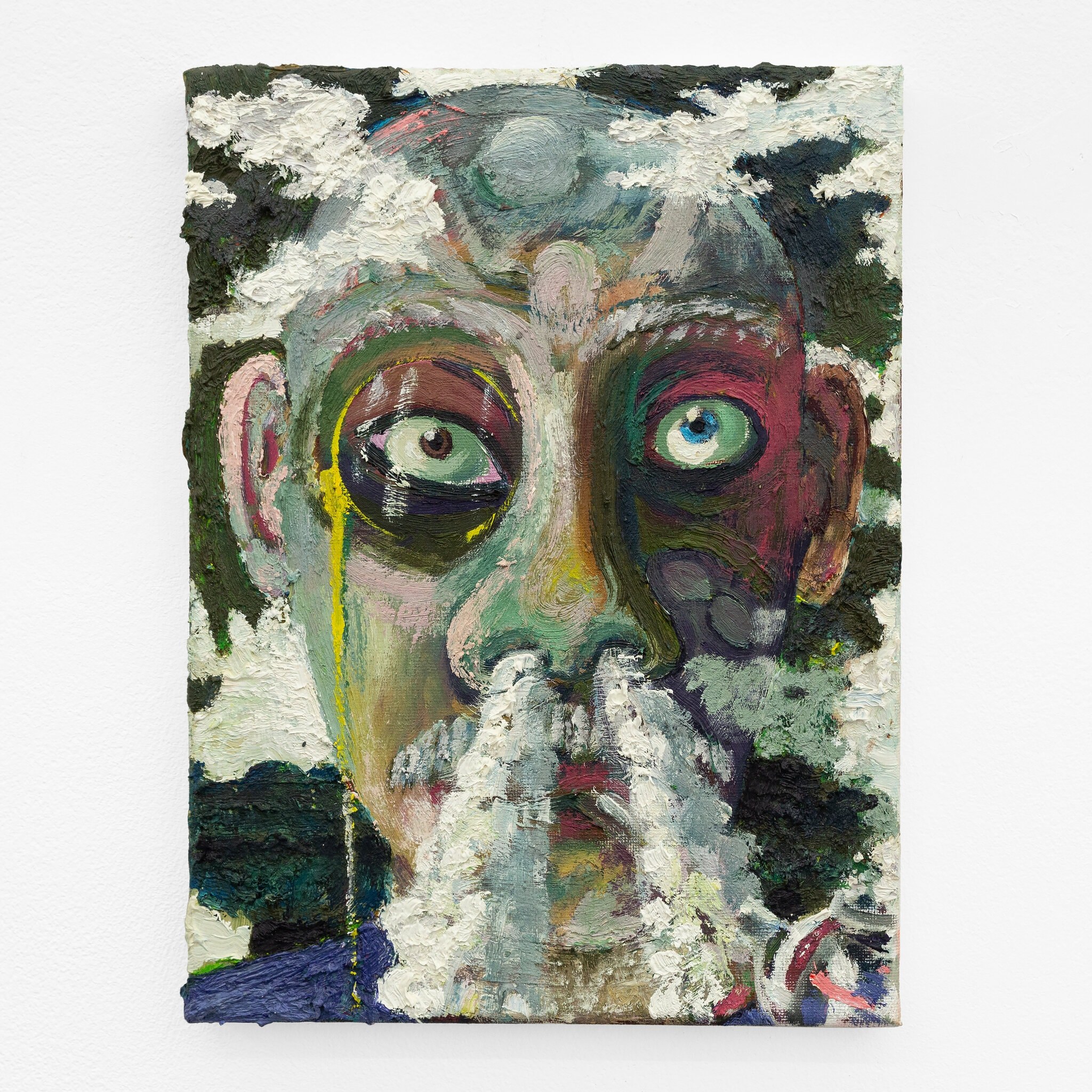 Guy Allott, Man with Monocole (Men with pipes VI), 2022 Â· Oil on canvas Â· 31 Ã— 23 Ã— 1,5 cm / 12.2 Ã— 9.1 Ã— 0.6 in Â· Courtesy the artist and Mountains, Berlin Â© Julie Becquart