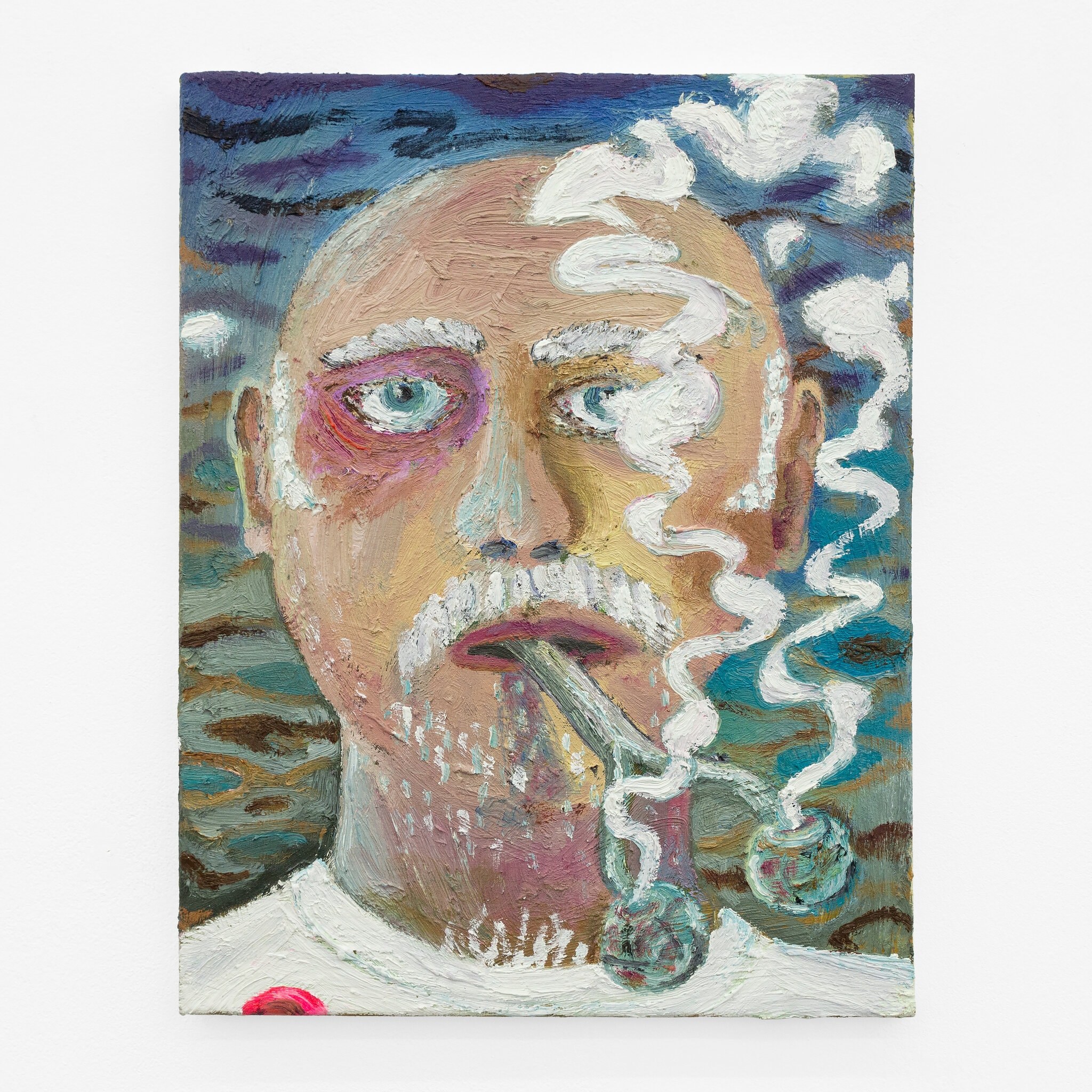 Guy Allott, Man with Double Pipe, 2022 Â· Oil on canvas Â· 46 Ã— 35 Ã— 1,5 cm / 17.7 Ã— 14 Ã— 0.6 in Â· Courtesy the artist and Mountains, Berlin Â© Julie Becquart